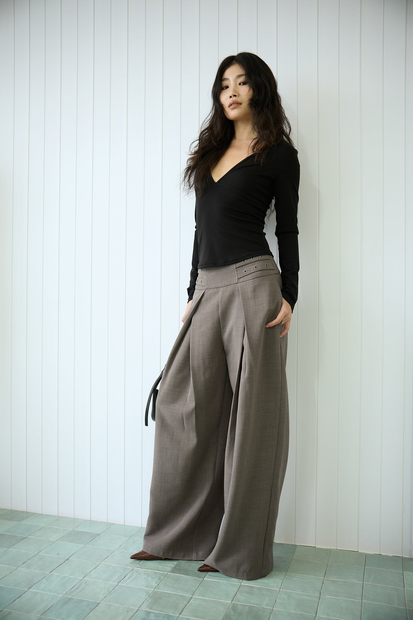 Grey High-Waisted Pleated Wide-Leg Trousers