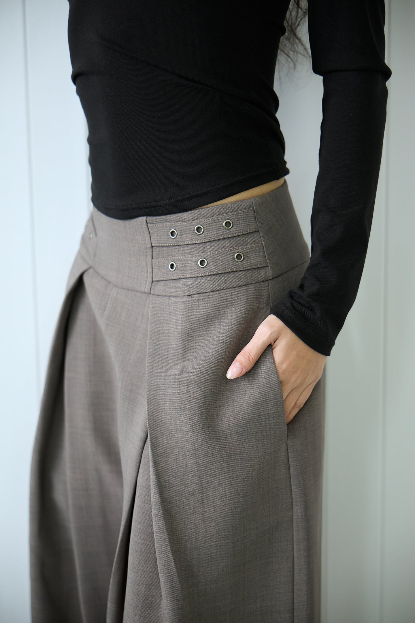 Grey High-Waisted Pleated Wide-Leg Trousers