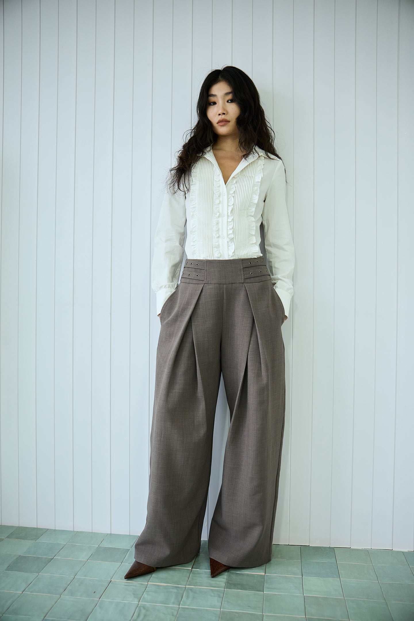 Grey High-Waisted Pleated Wide-Leg Trousers