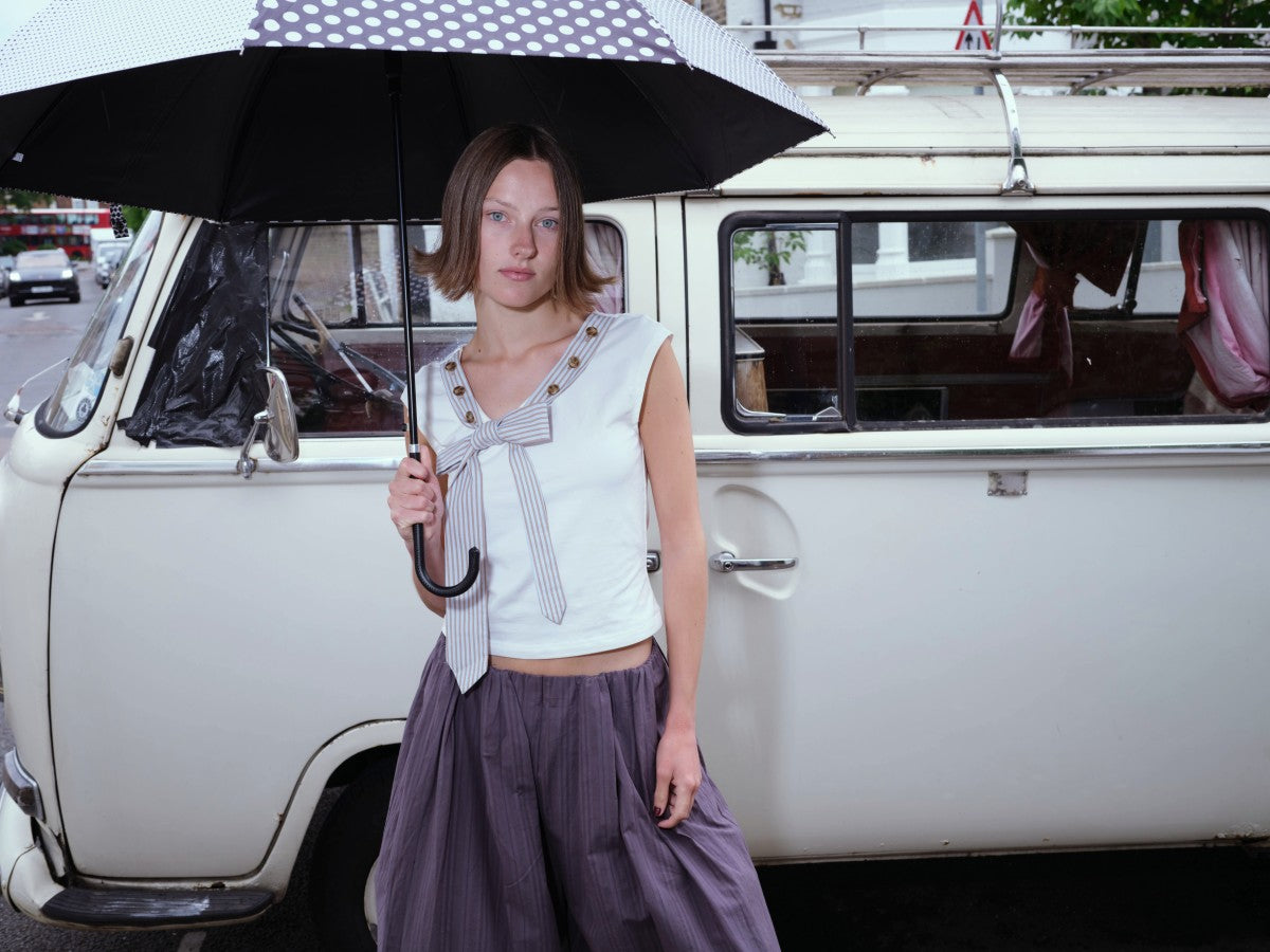 Striped Tie-collar Button Multi-way T-shirt