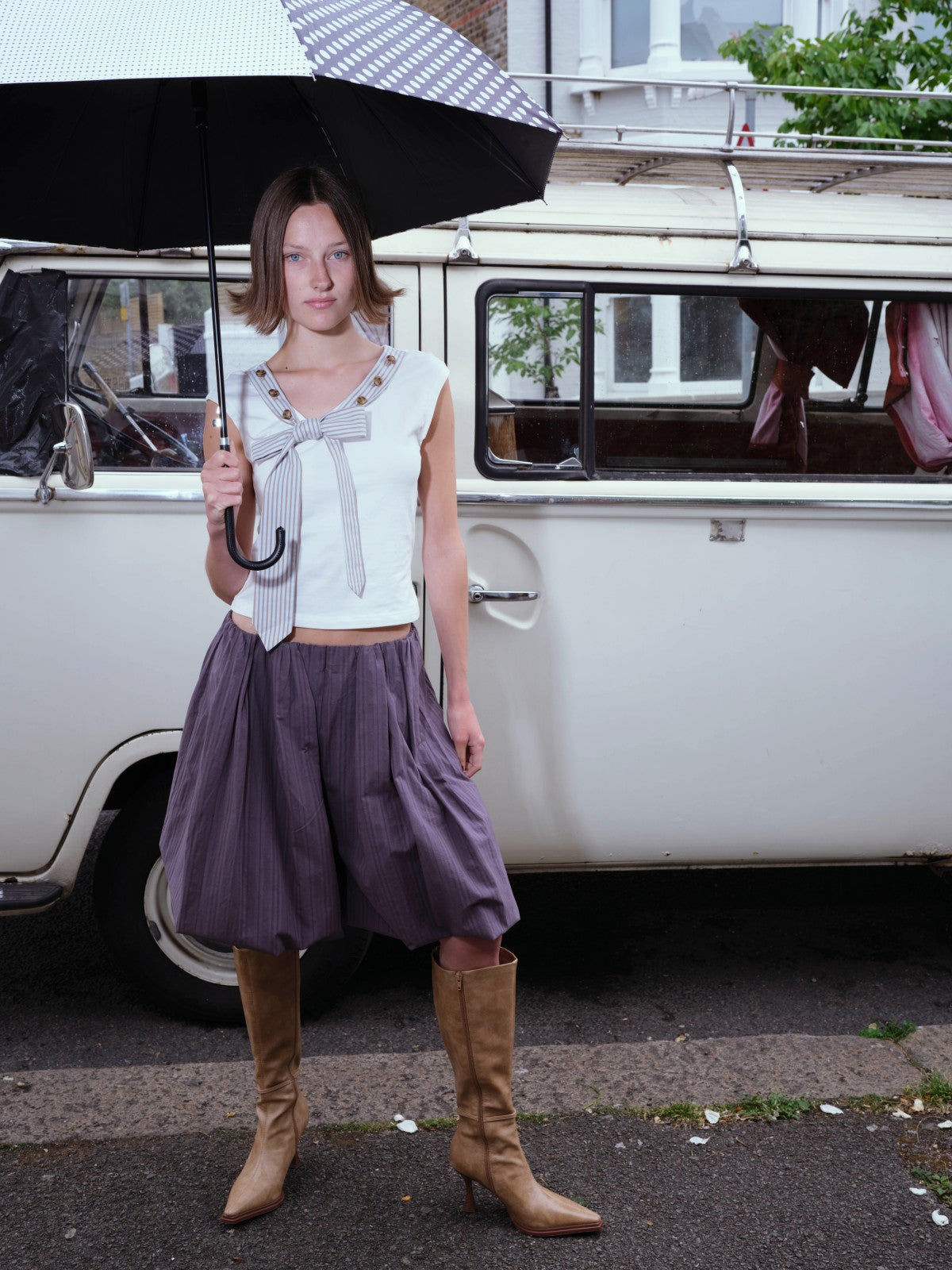 Striped Tie-collar Button Multi-way T-shirt