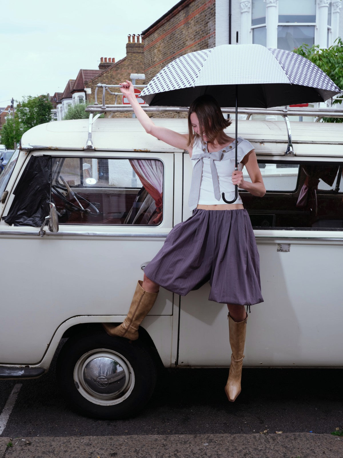 Striped Tie-collar Button Multi-way T-shirt