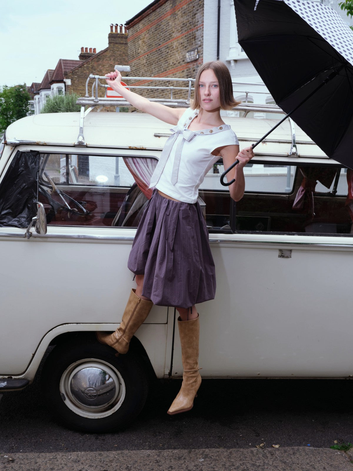 Striped Tie-collar Button Multi-way T-shirt