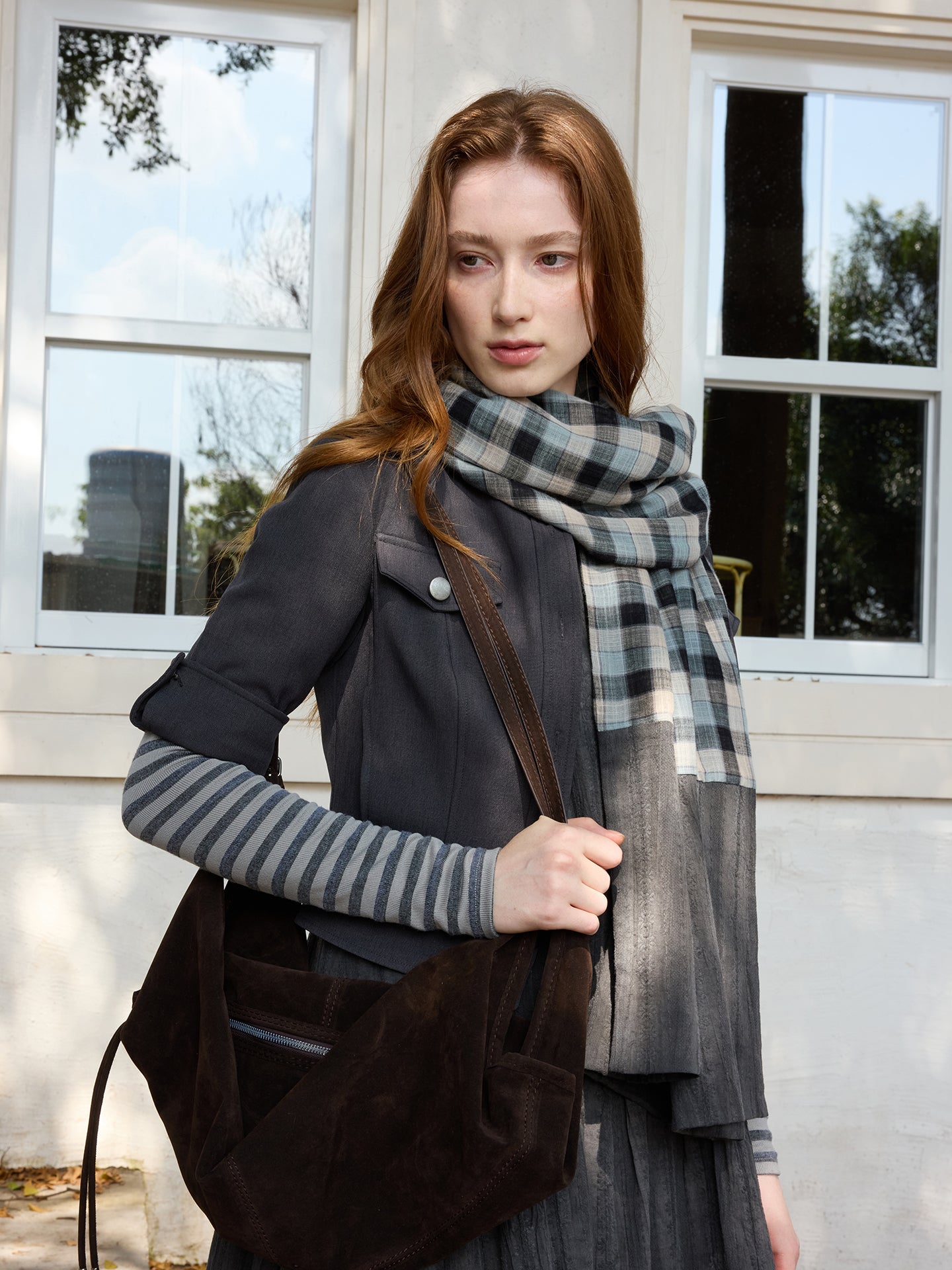 Dark Blue Plaid Loose Scarf