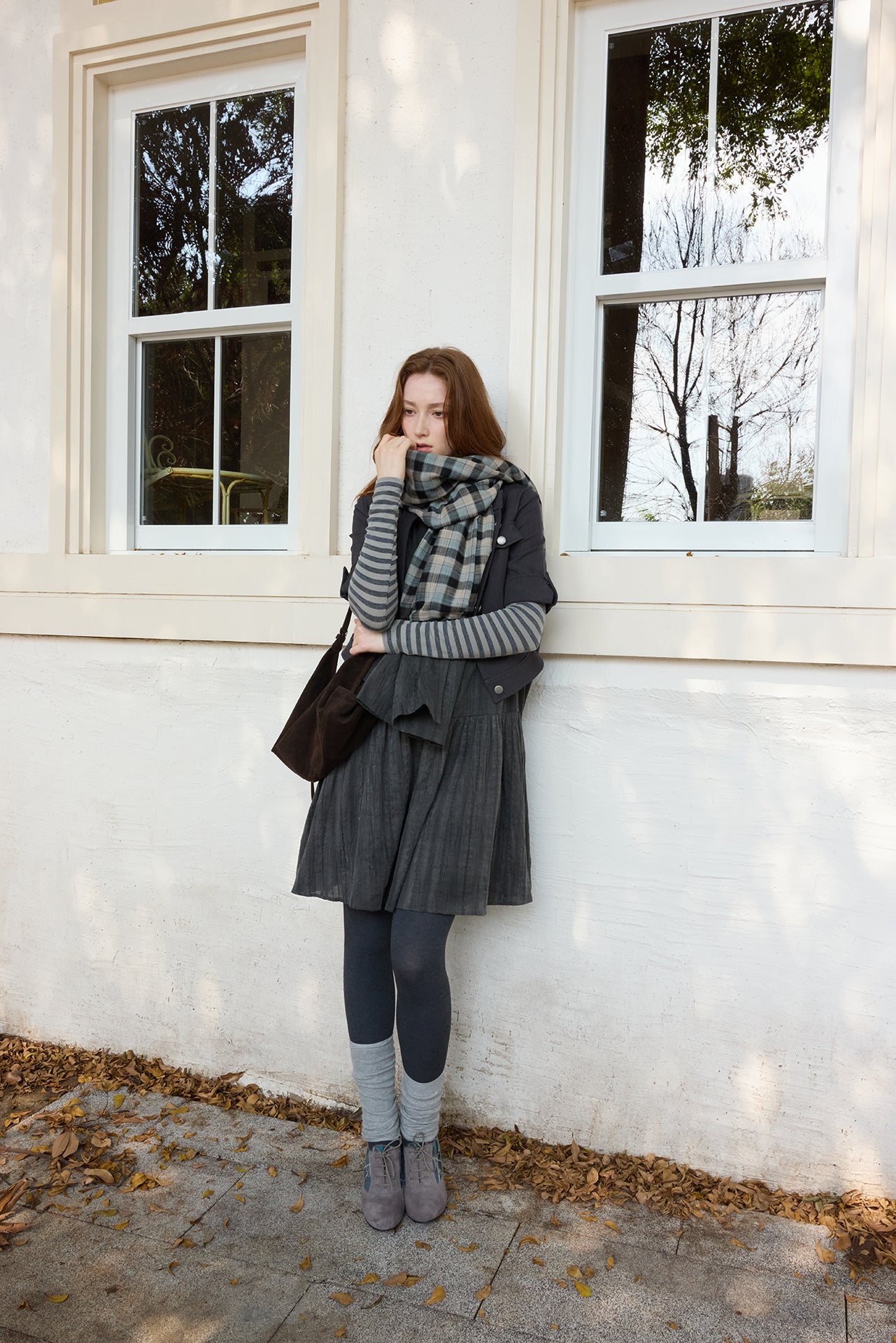 Grey Striped Detachable-Scarf Top
