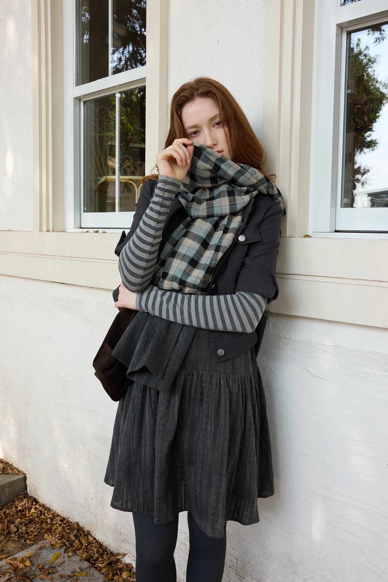 Grey Striped Detachable-Scarf Top