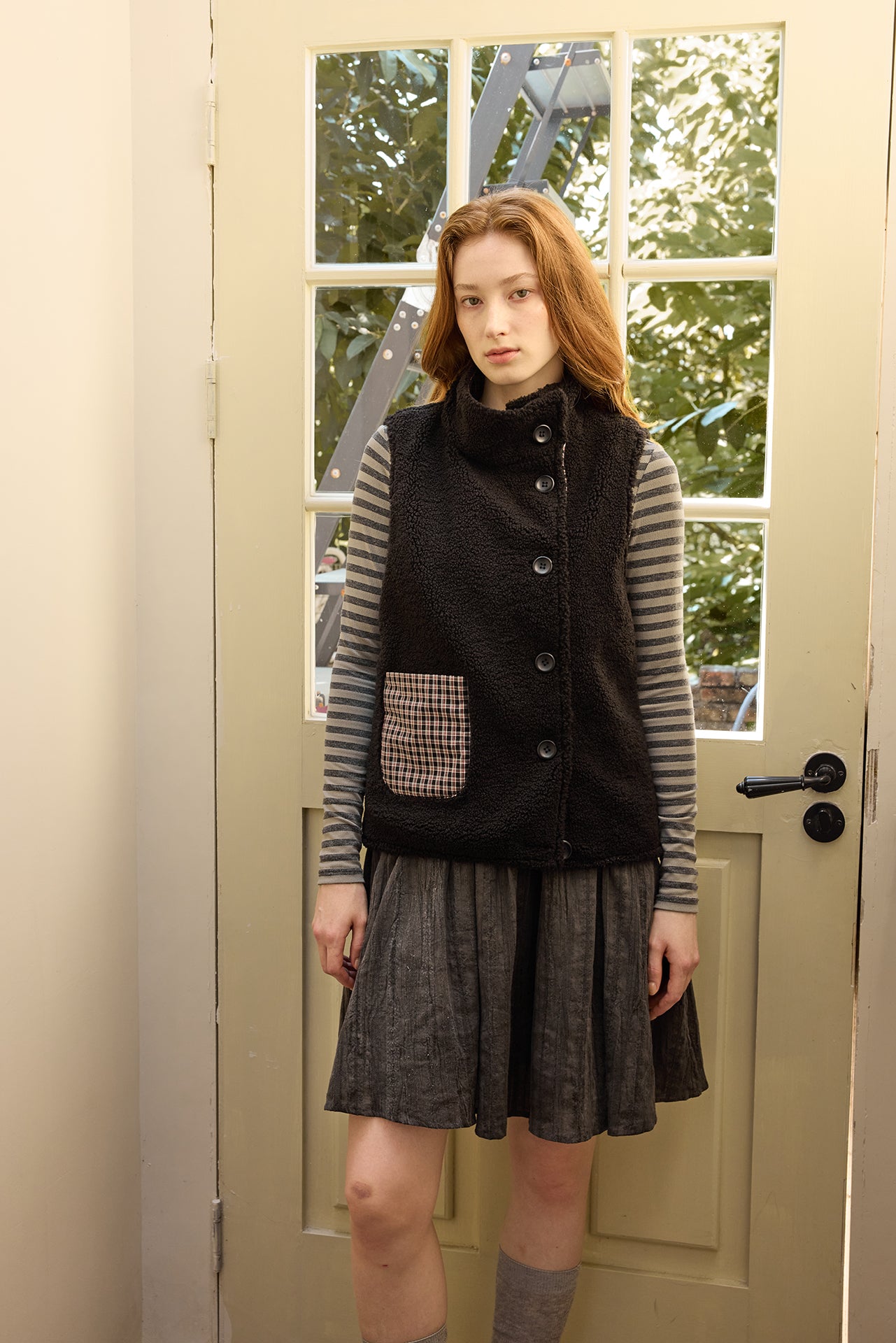 Black Plaid Reversible Diagonal-Front Plush Vest