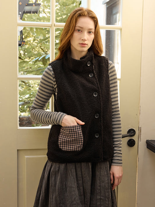Black Plaid Reversible Diagonal-Front Plush Vest