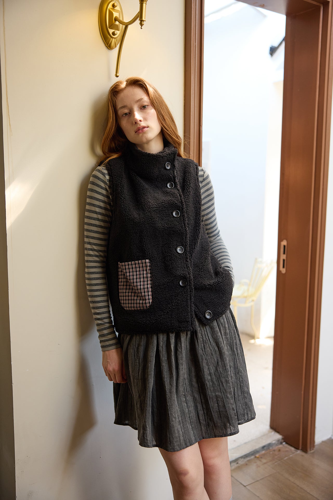 Black Plaid Reversible Diagonal-Front Plush Vest