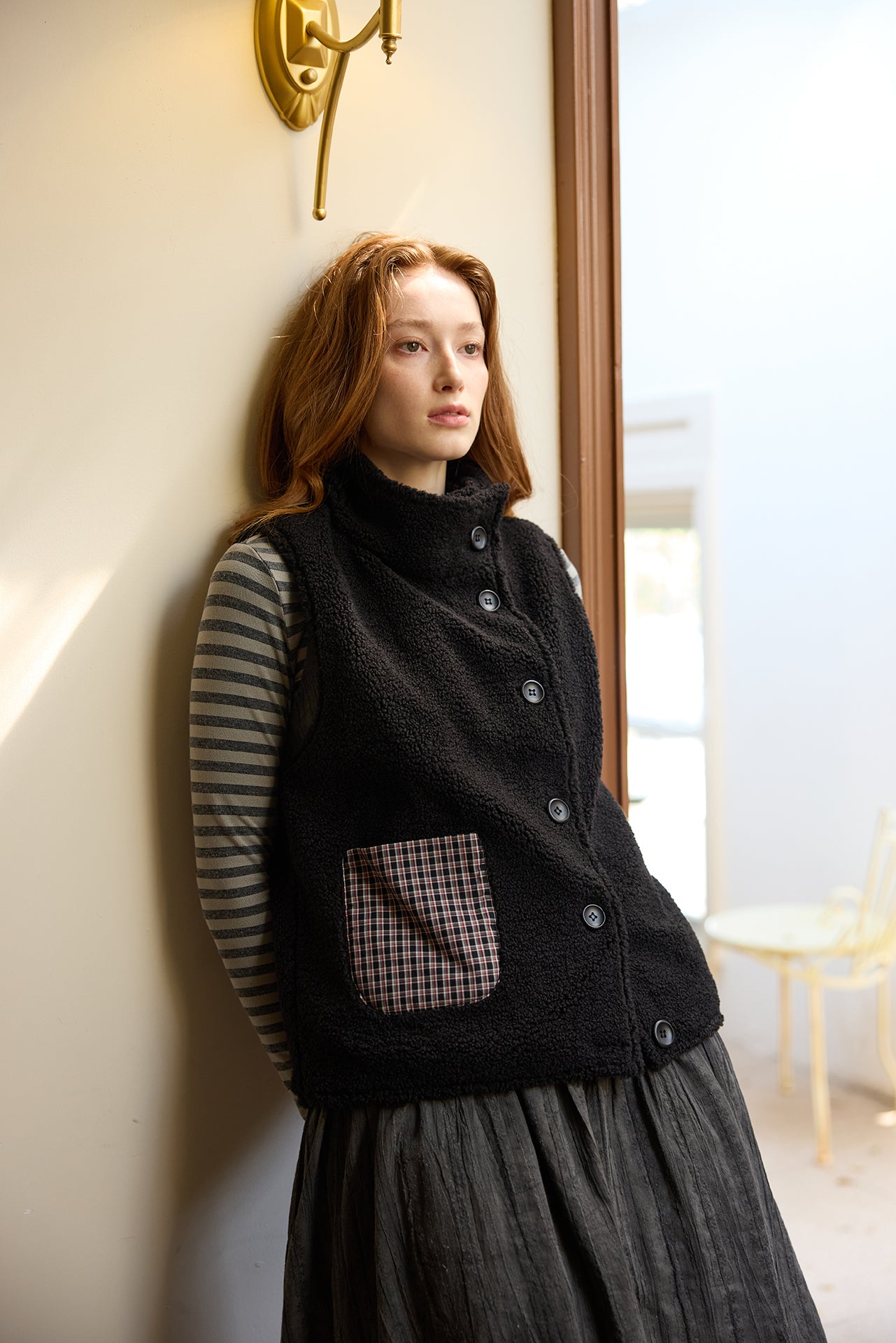 Black Plaid Reversible Diagonal-Front Plush Vest