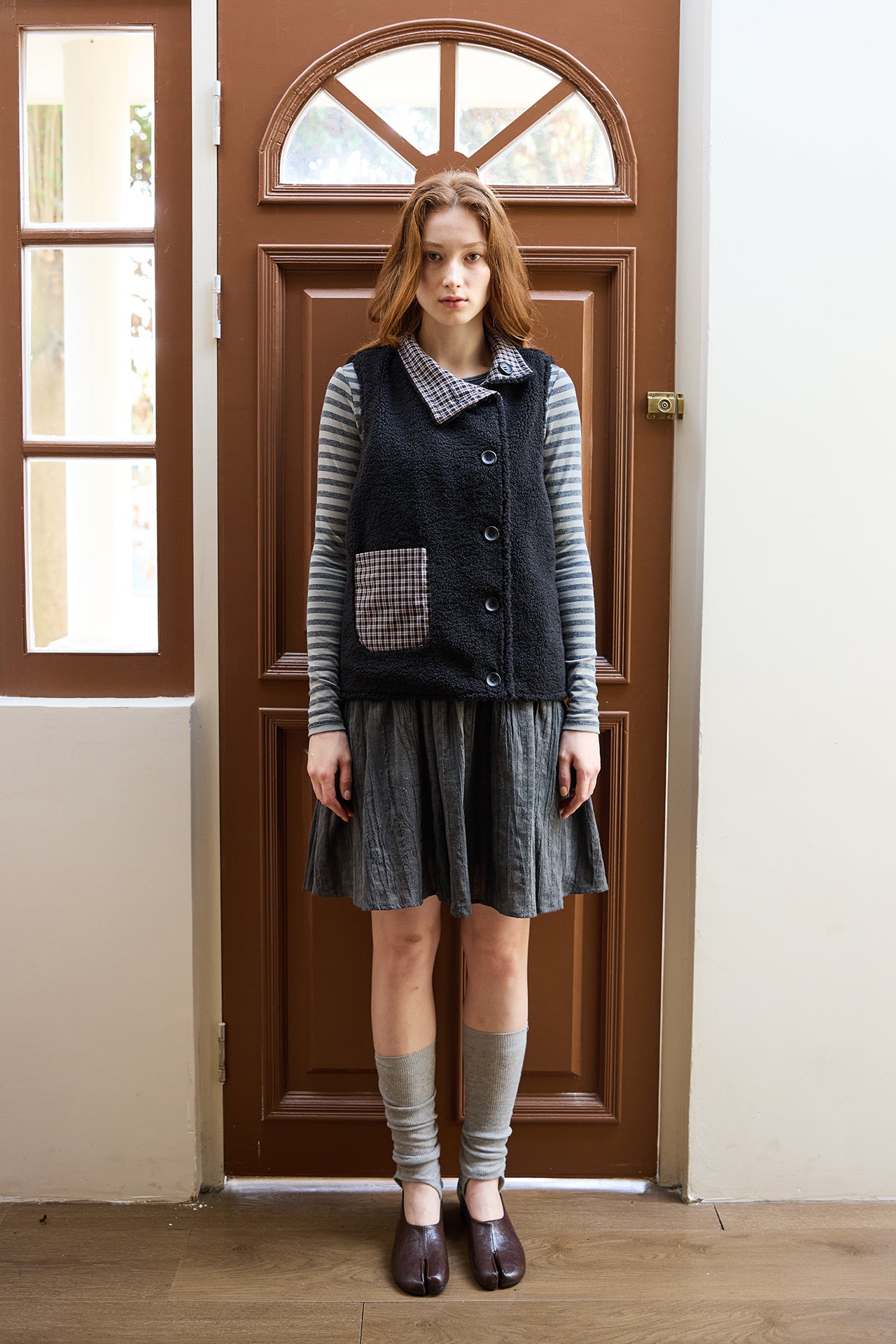 Black Plaid Reversible Diagonal-Front Plush Vest