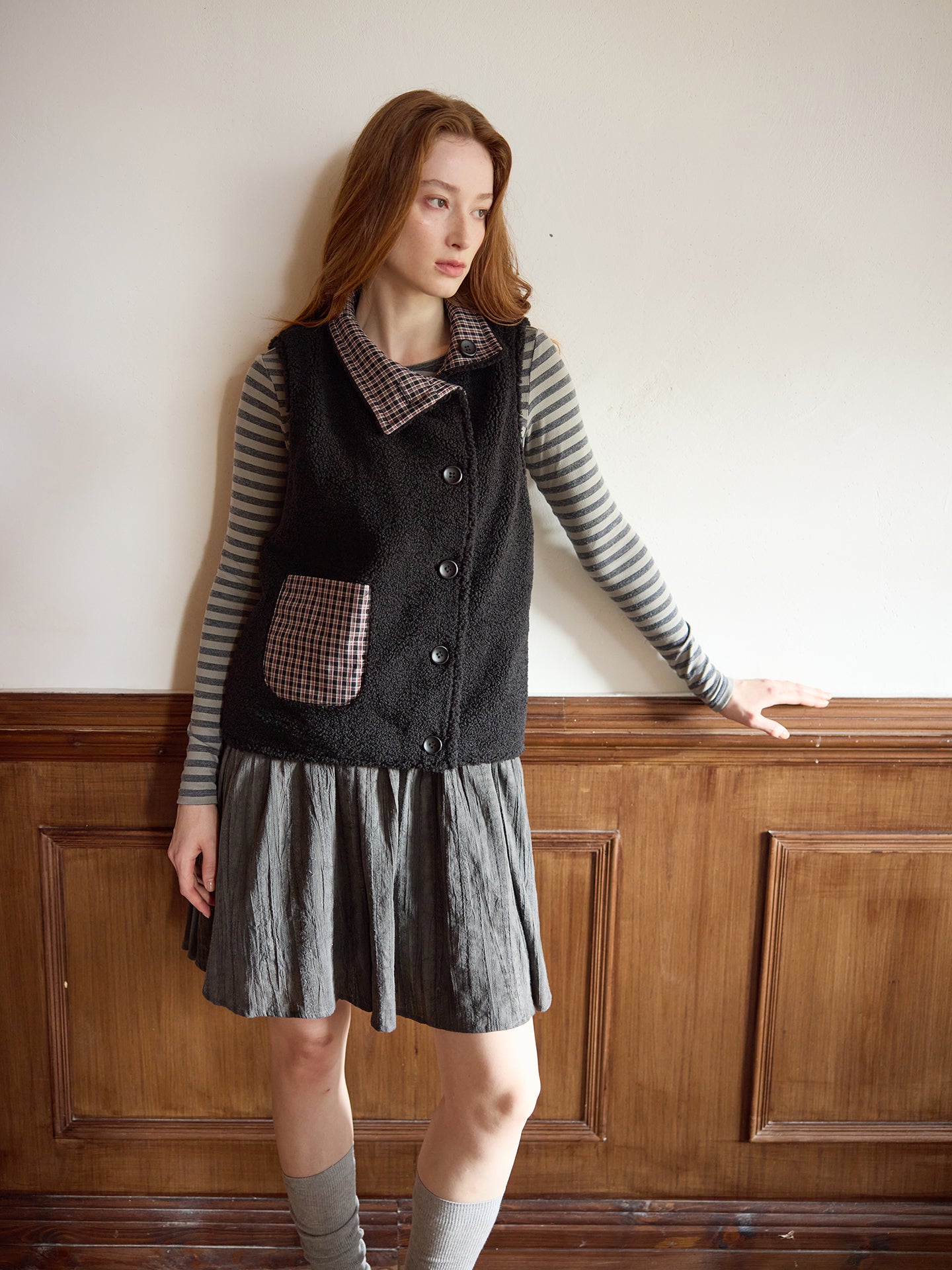 Black Plaid Reversible Diagonal-Front Plush Vest