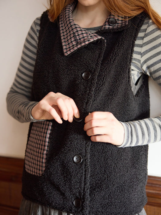 Black Plaid Reversible Diagonal-Front Plush Vest