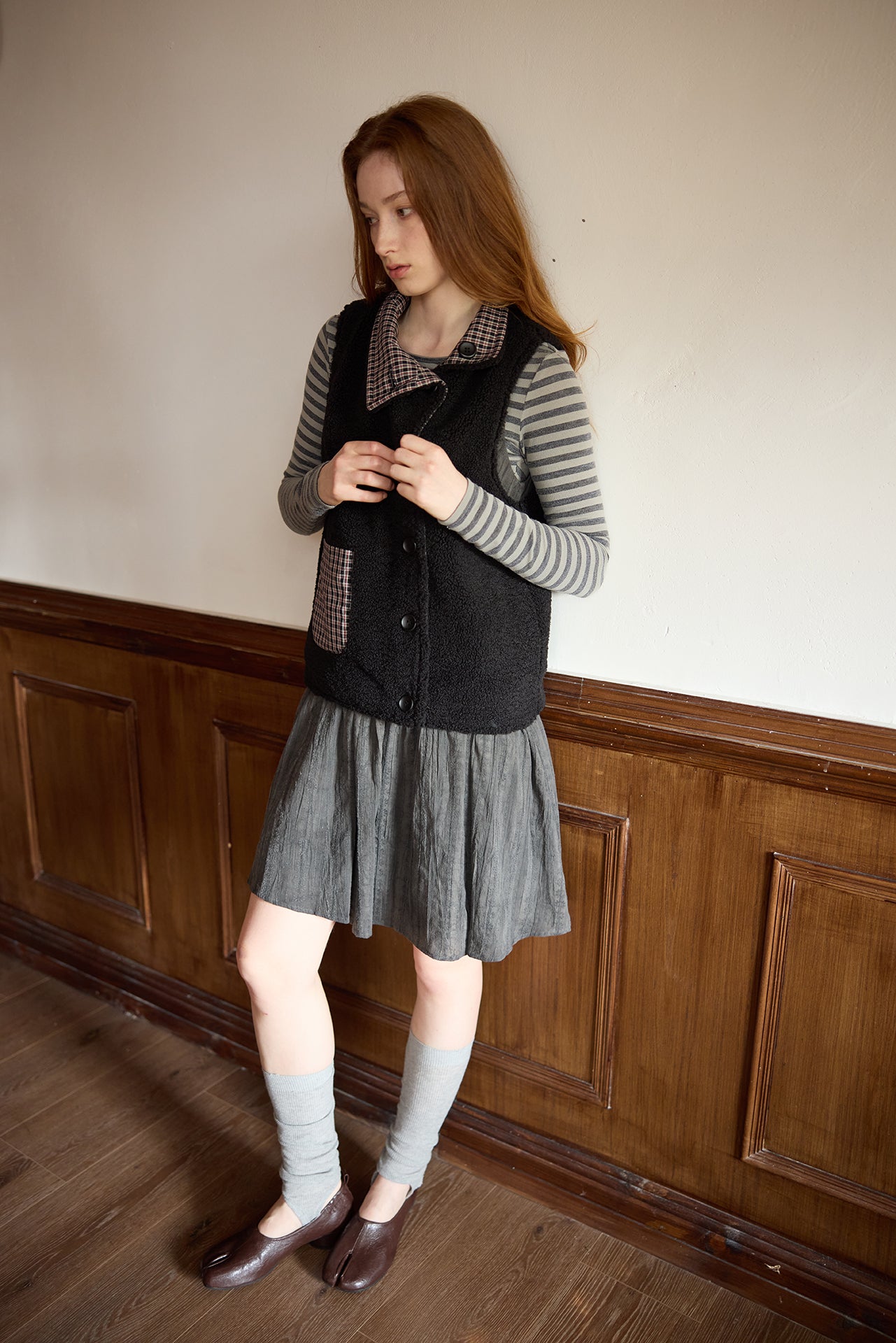 Black Plaid Reversible Diagonal-Front Plush Vest