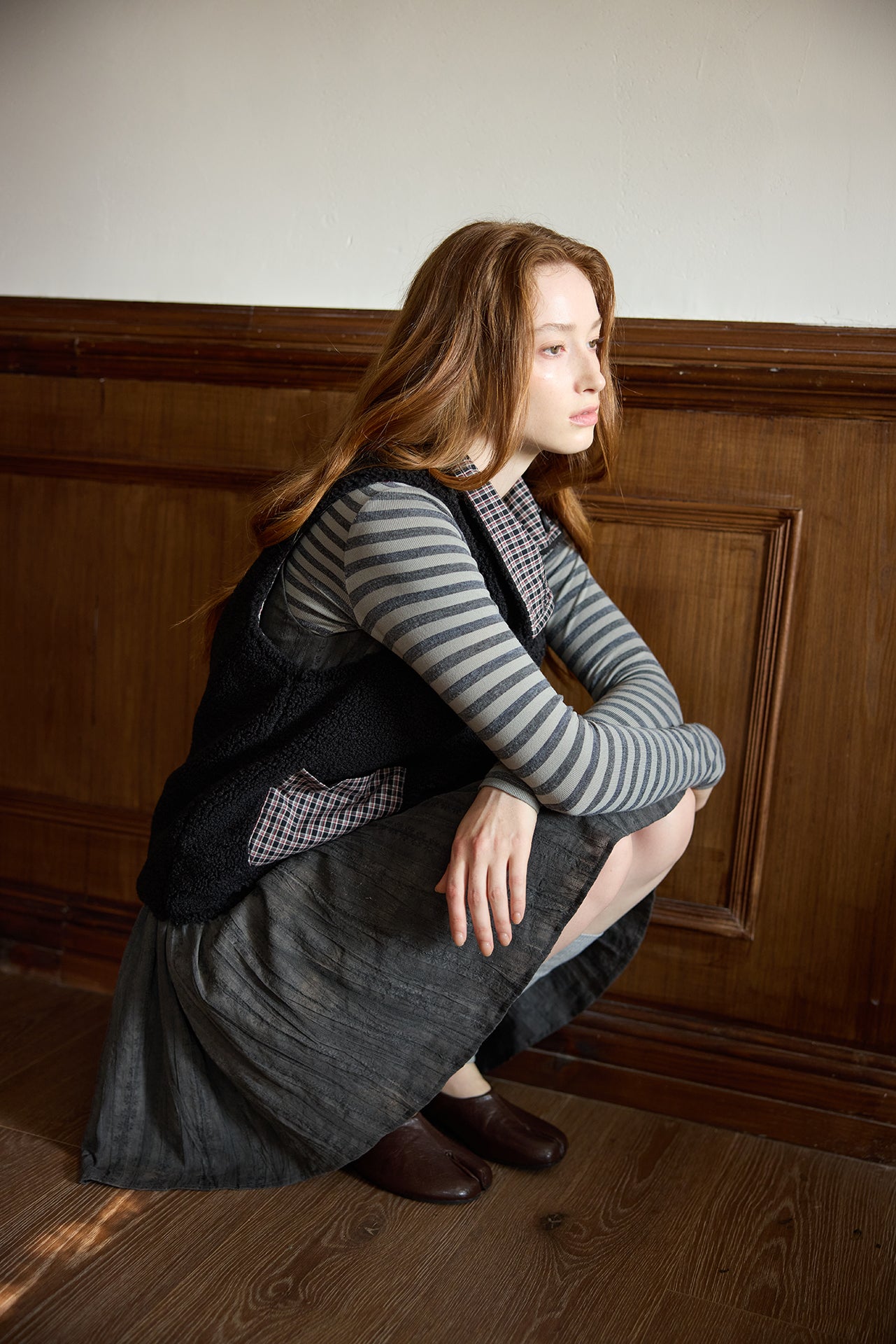 Black Plaid Reversible Diagonal-Front Plush Vest