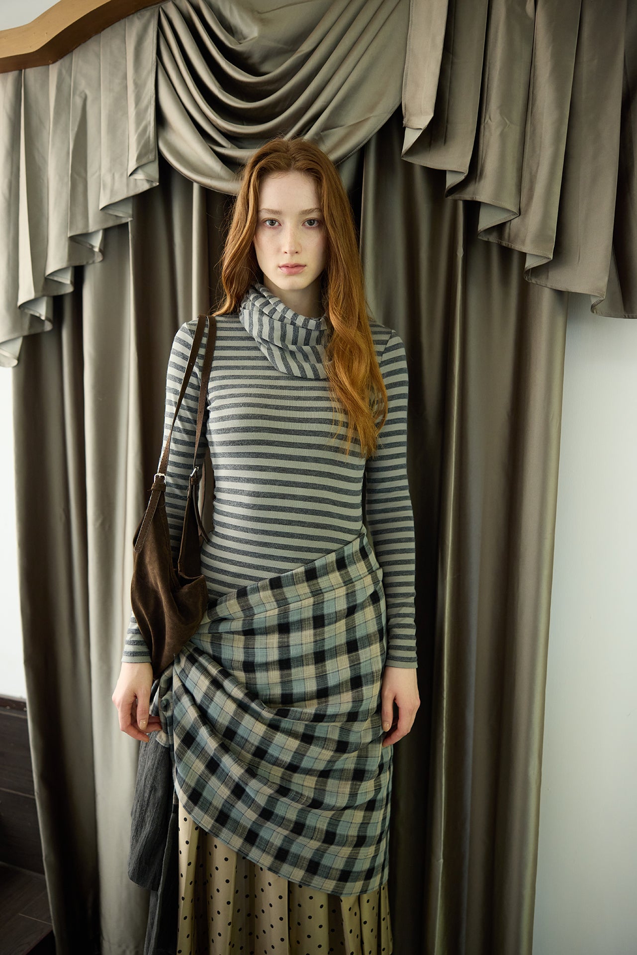 Grey Striped Detachable-Scarf Top