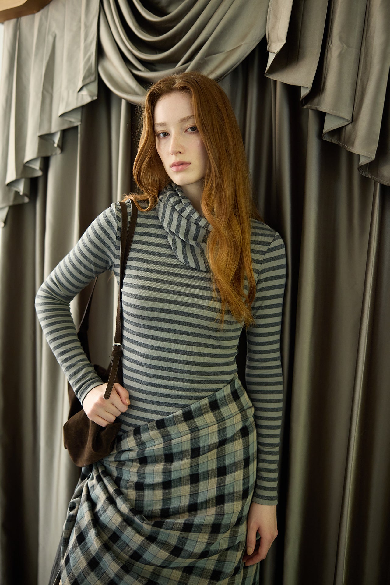 Grey Striped Detachable-Scarf Top
