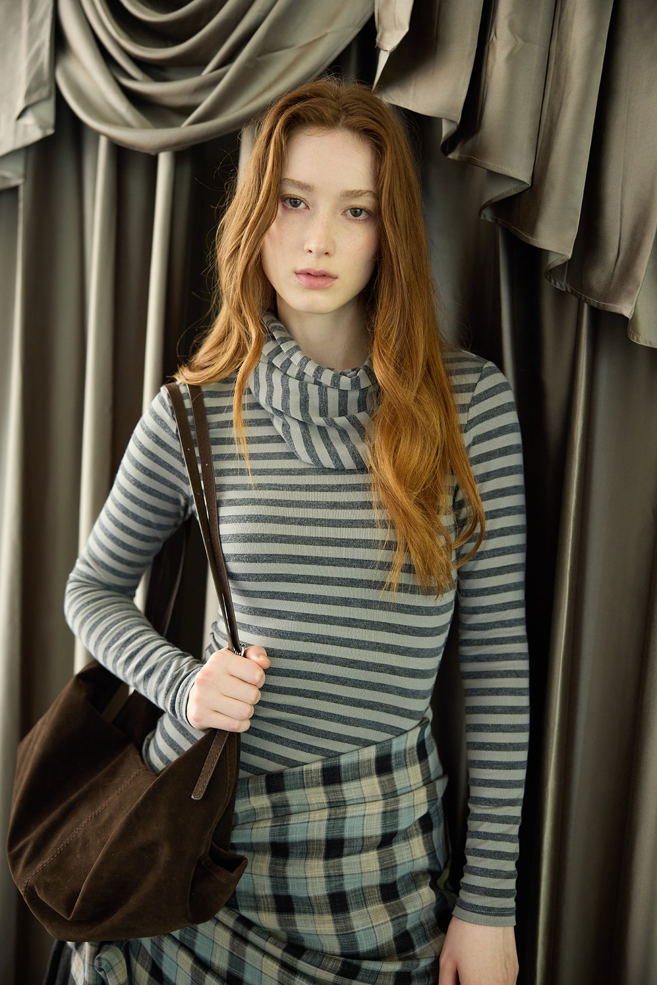 Grey Striped Detachable-Scarf Top