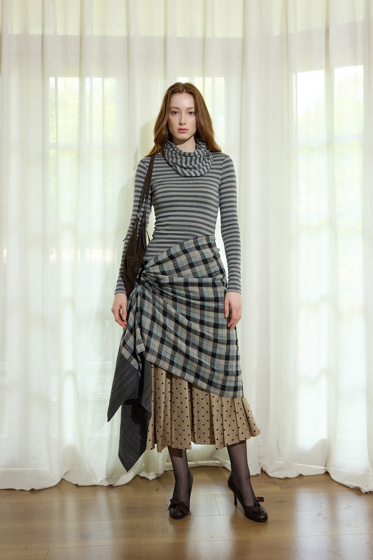 Grey Striped Detachable-Scarf Top