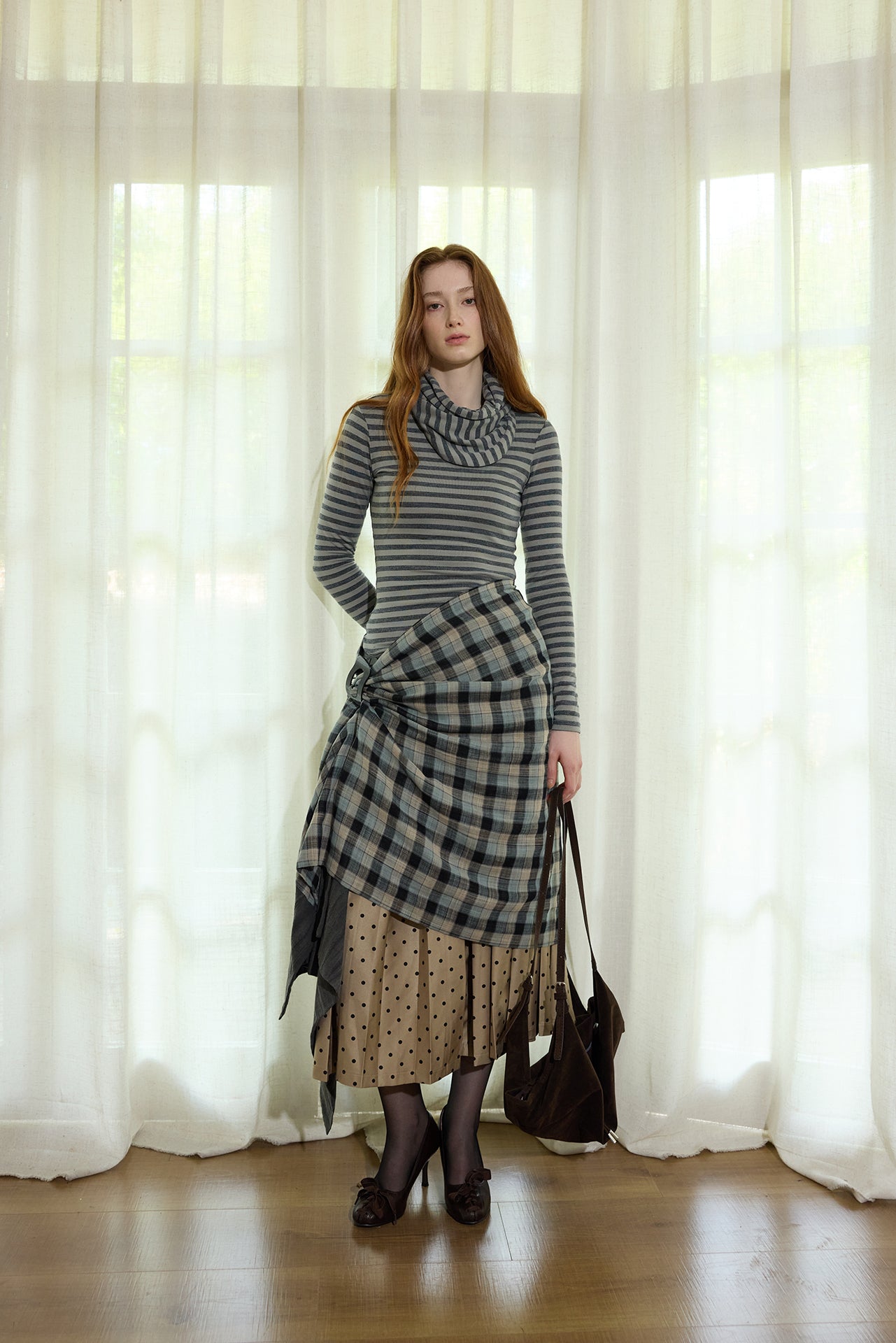 Grey Striped Detachable-Scarf Top