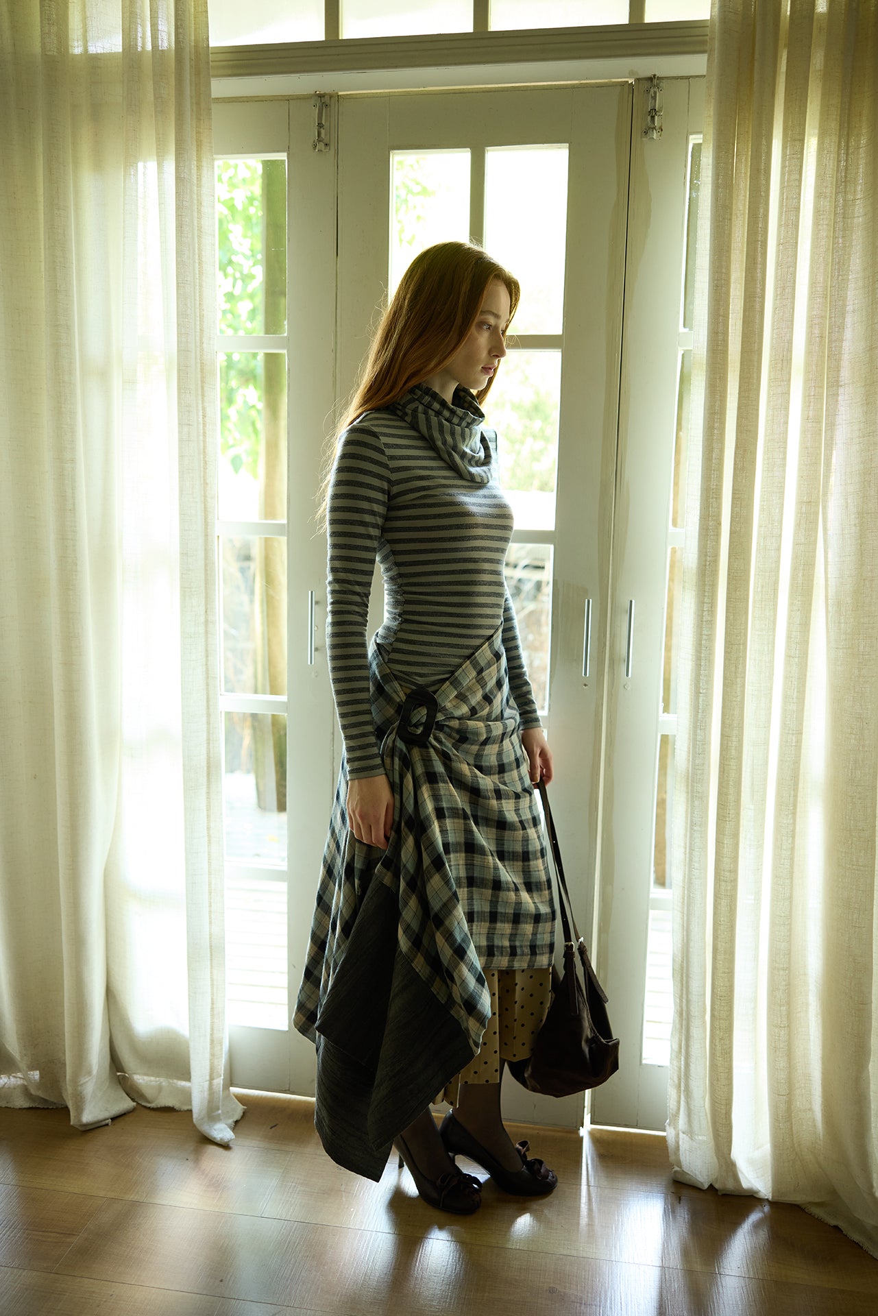 Grey Striped Detachable-Scarf Top