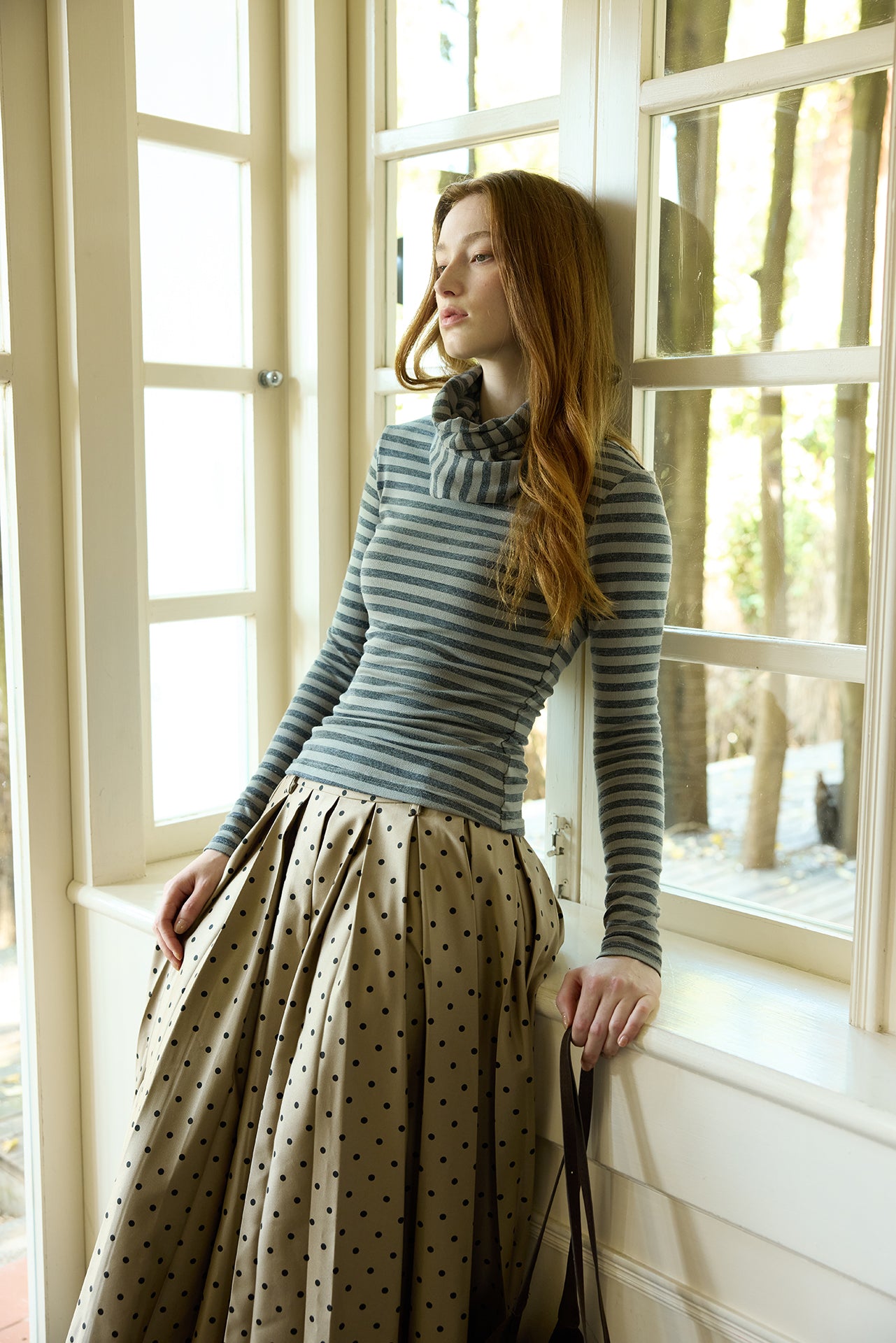 Grey Striped Detachable-Scarf Top