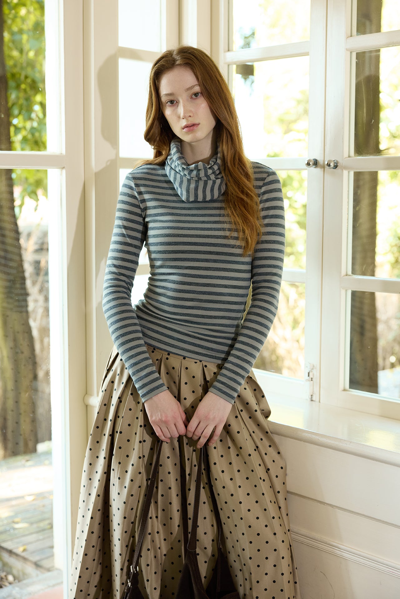 Grey Striped Detachable-Scarf Top