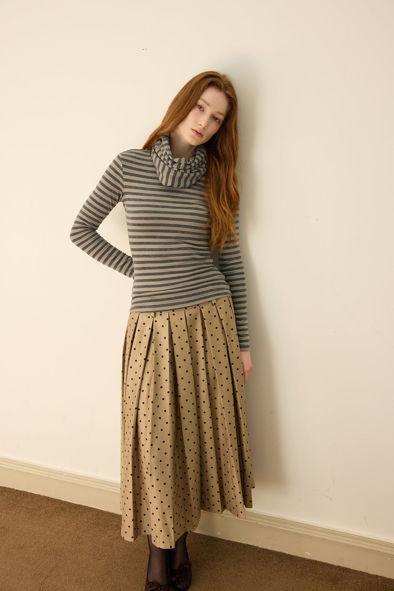 Grey Striped Detachable-Scarf Top