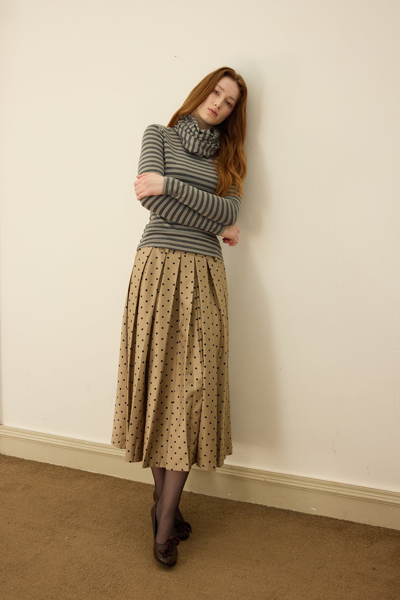 Grey Striped Detachable-Scarf Top