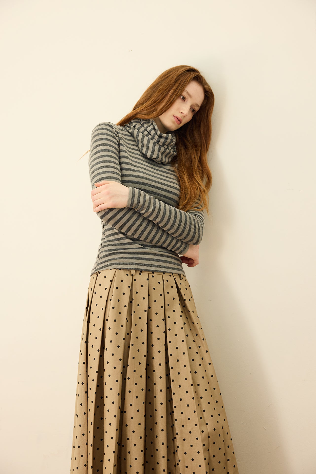 Grey Striped Detachable-Scarf Top