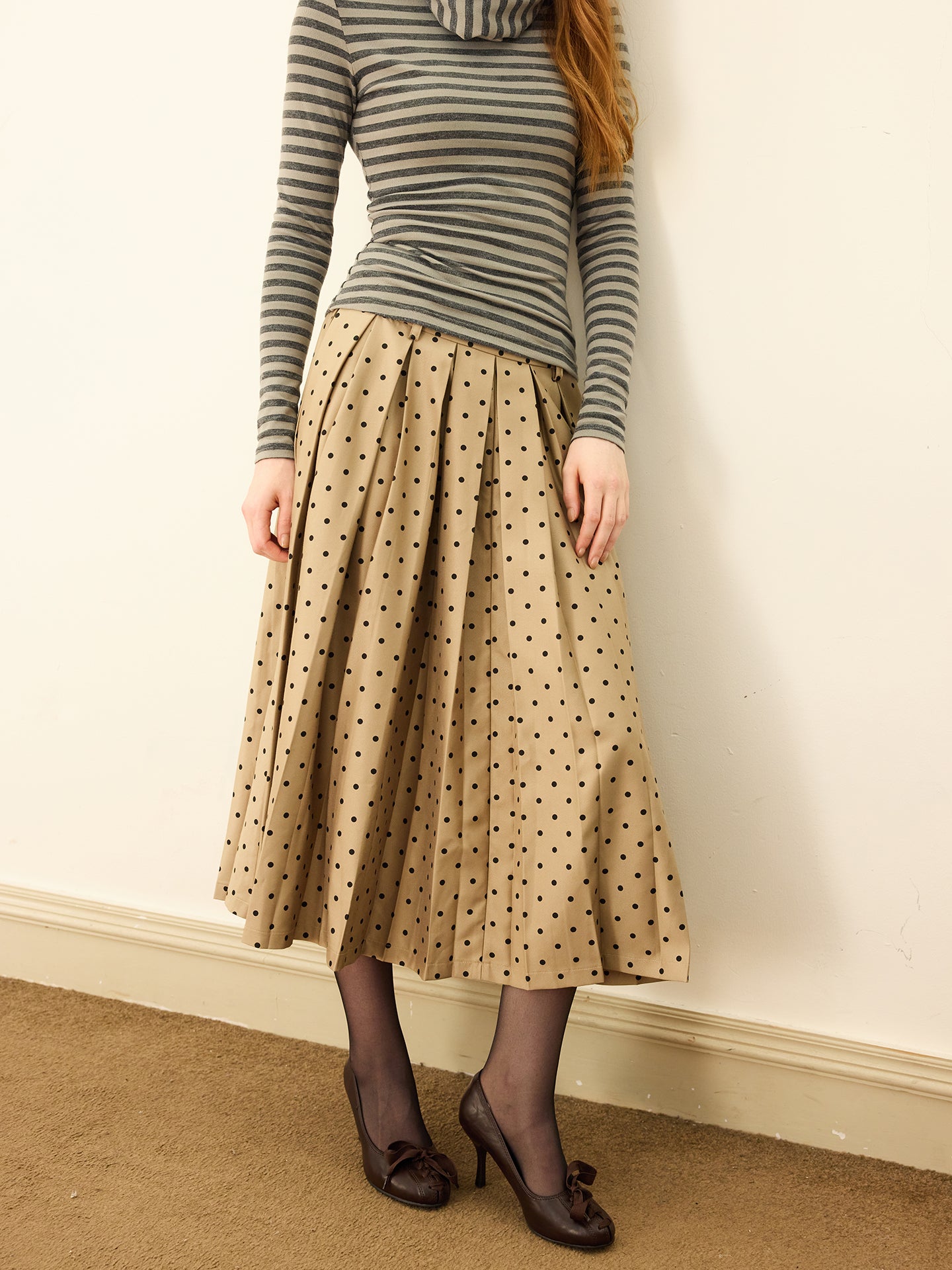 Long Polka Dot Pleated Skirt