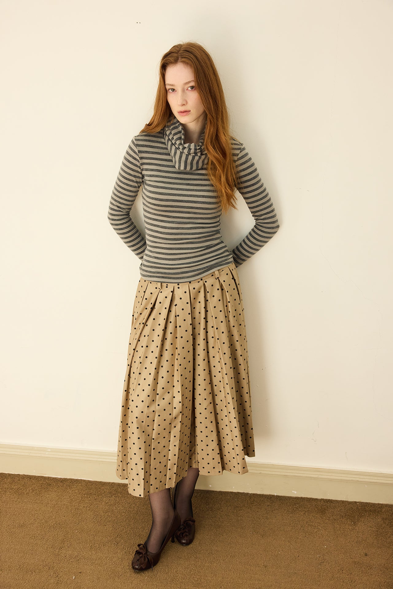 Grey Striped Detachable-Scarf Top