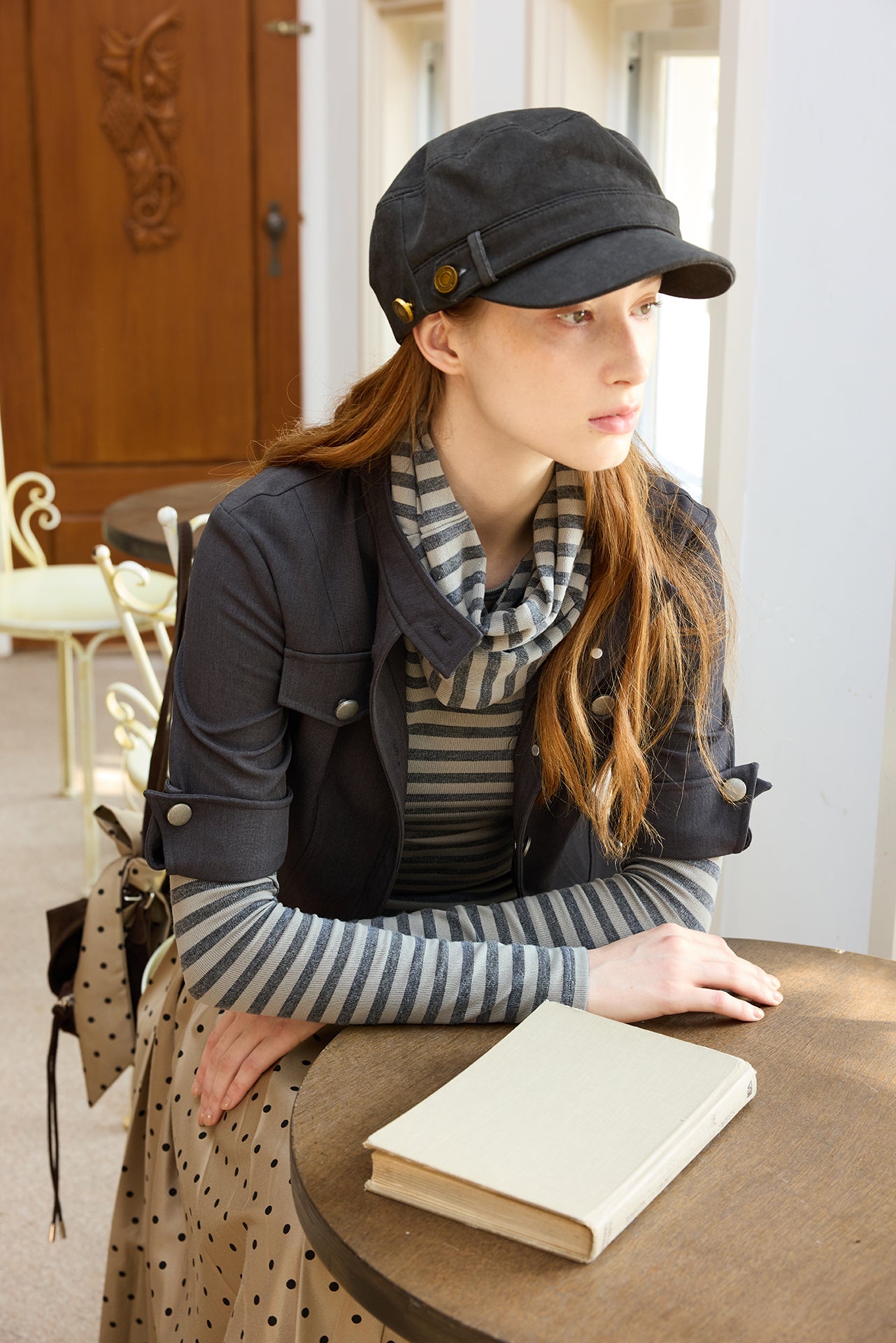 Grey Striped Detachable-Scarf Top