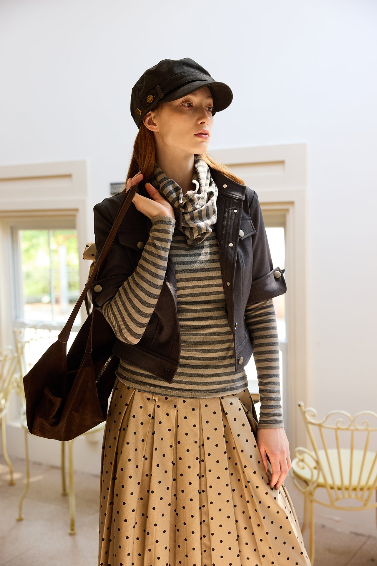 Grey Striped Detachable-Scarf Top