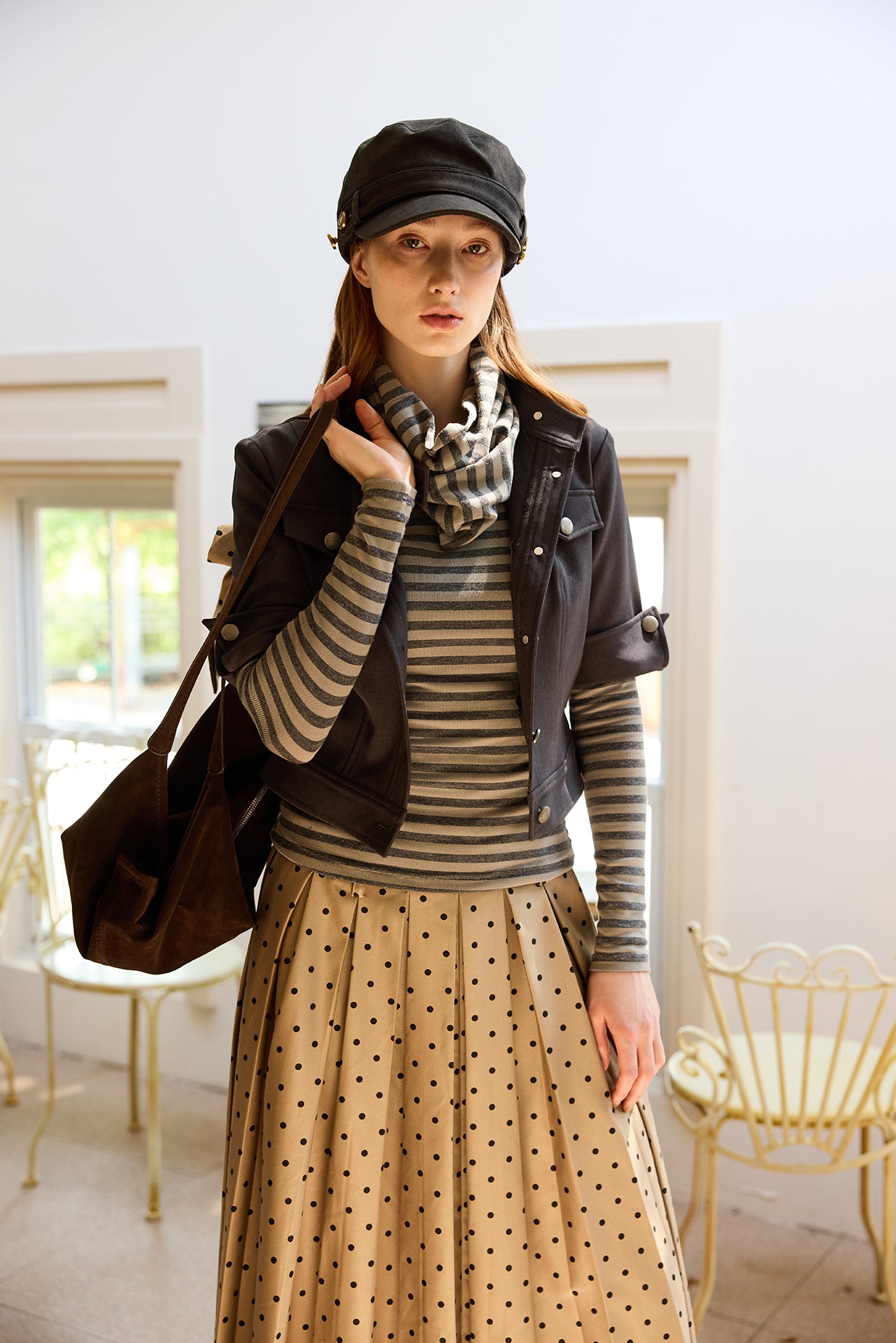 Grey Striped Detachable-Scarf Top