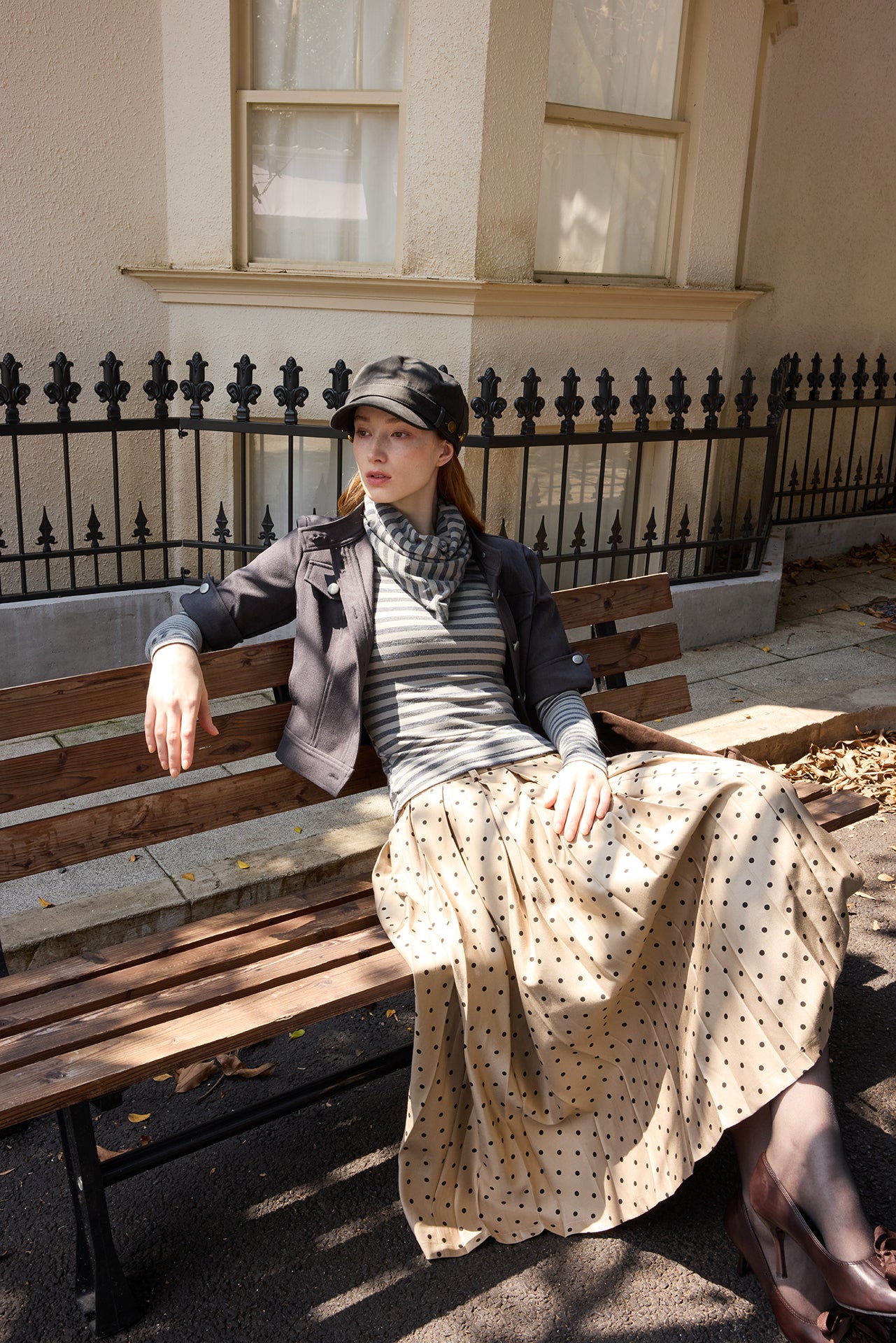 Grey Striped Detachable-Scarf Top