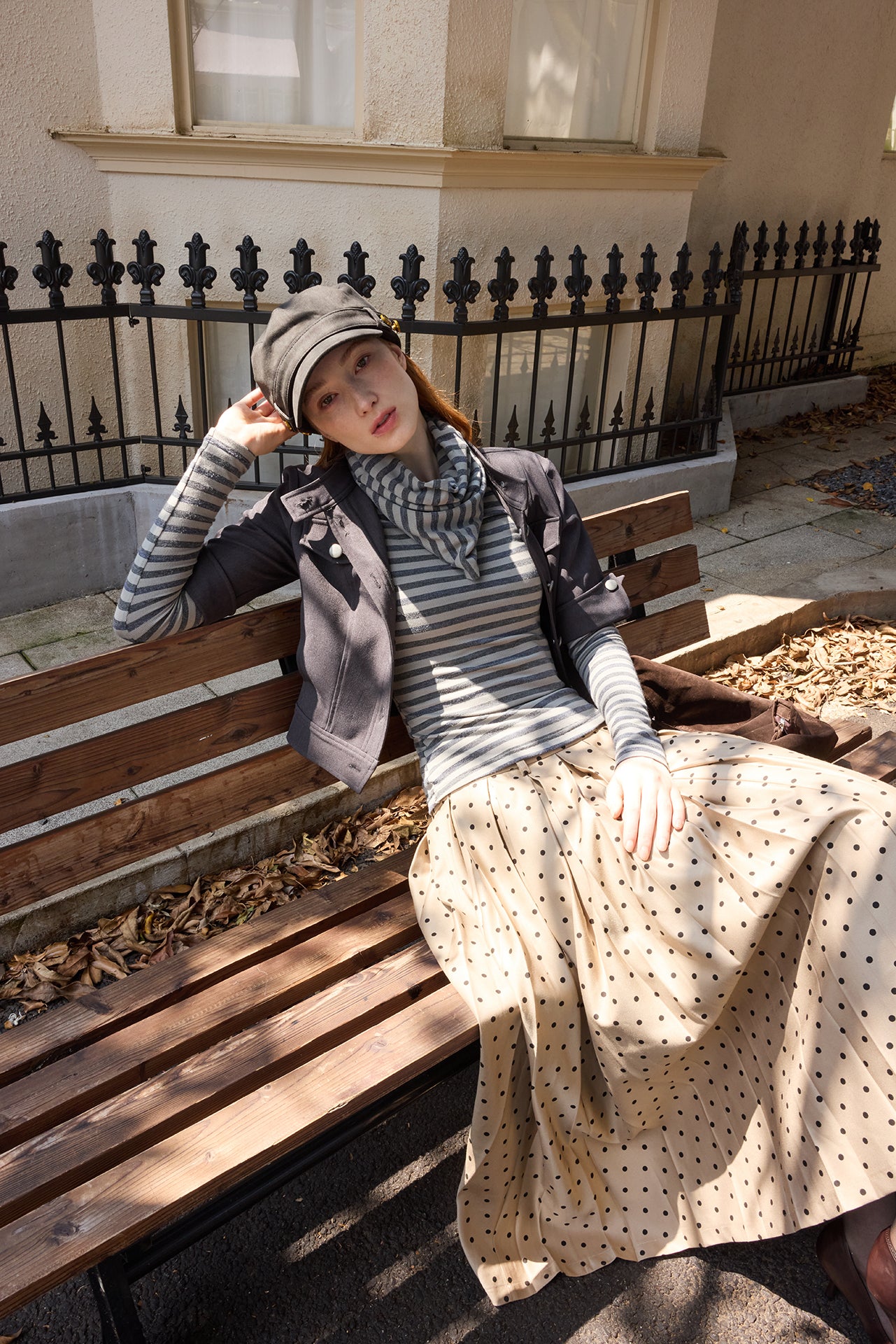 Grey Striped Detachable-Scarf Top