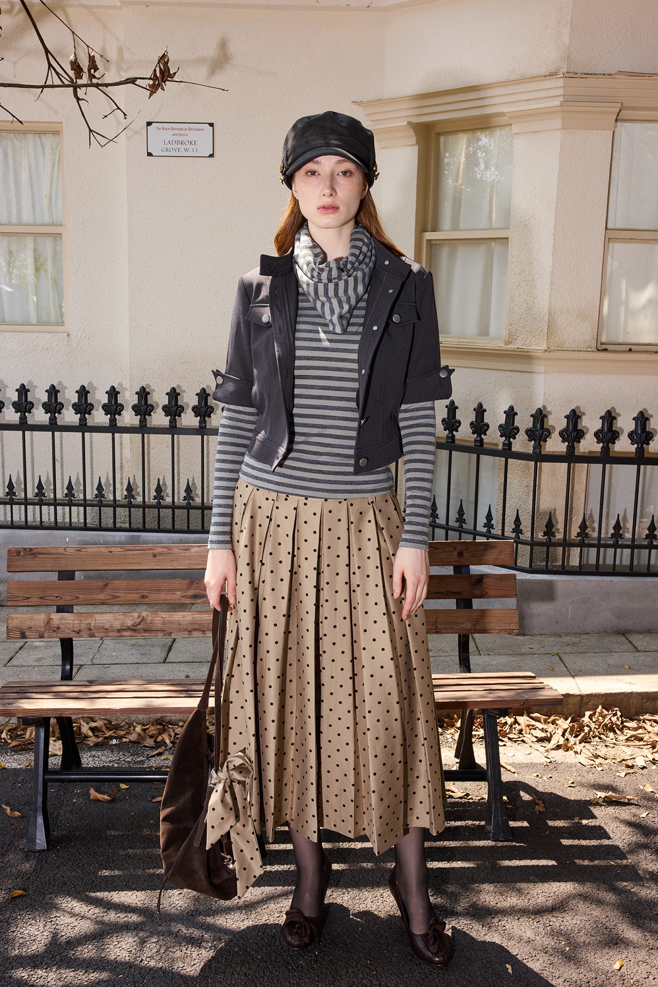 Grey Striped Detachable-Scarf Top