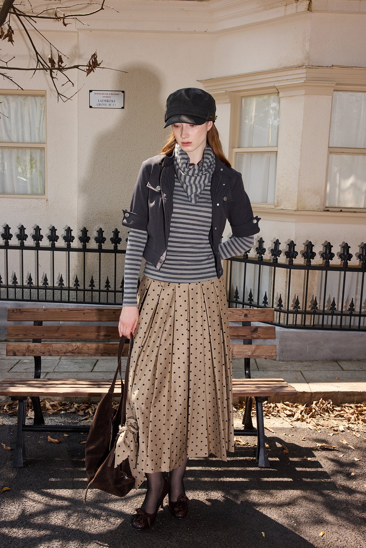 Grey Striped Detachable-Scarf Top