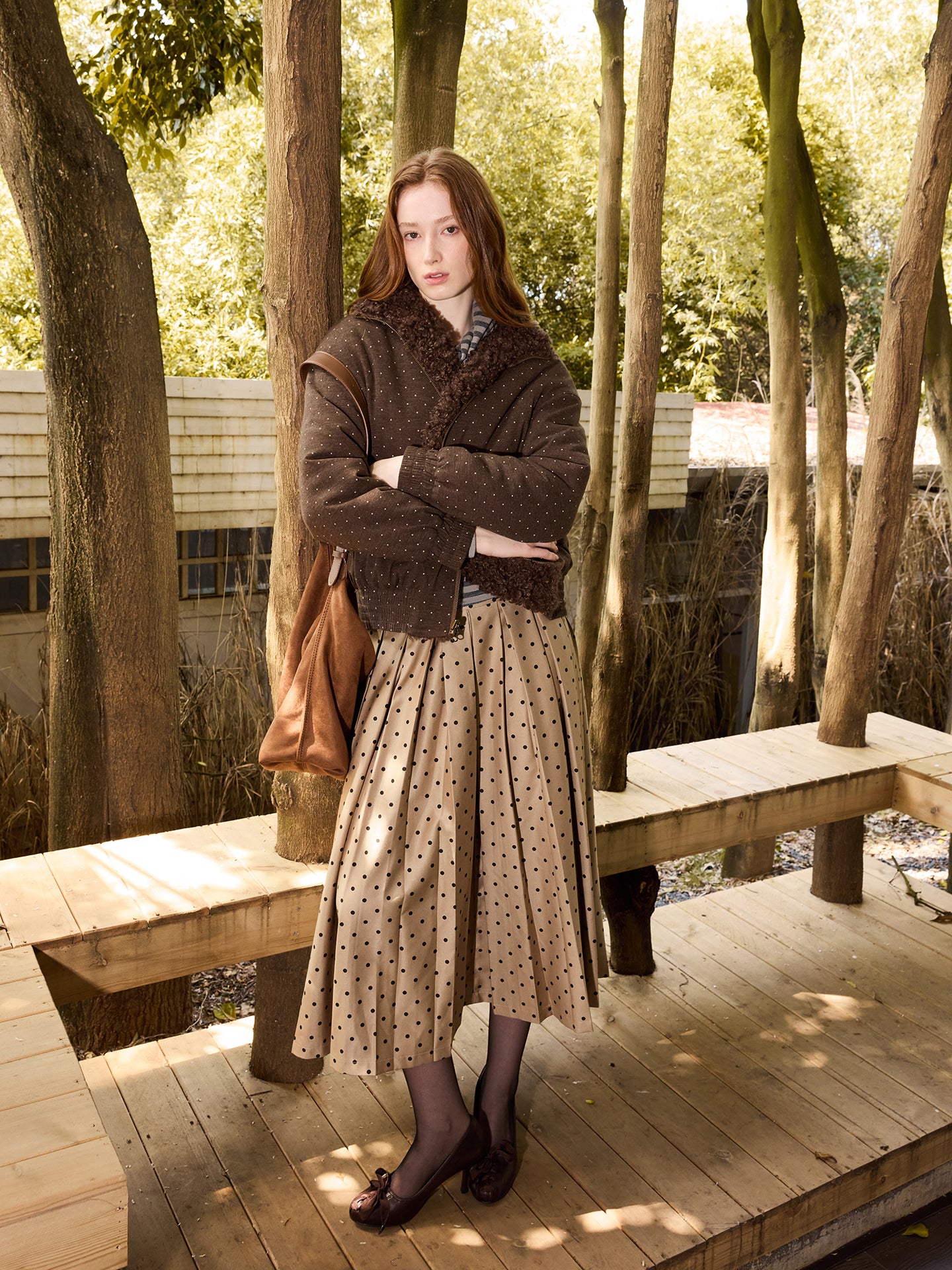 Long Polka Dot Pleated Skirt