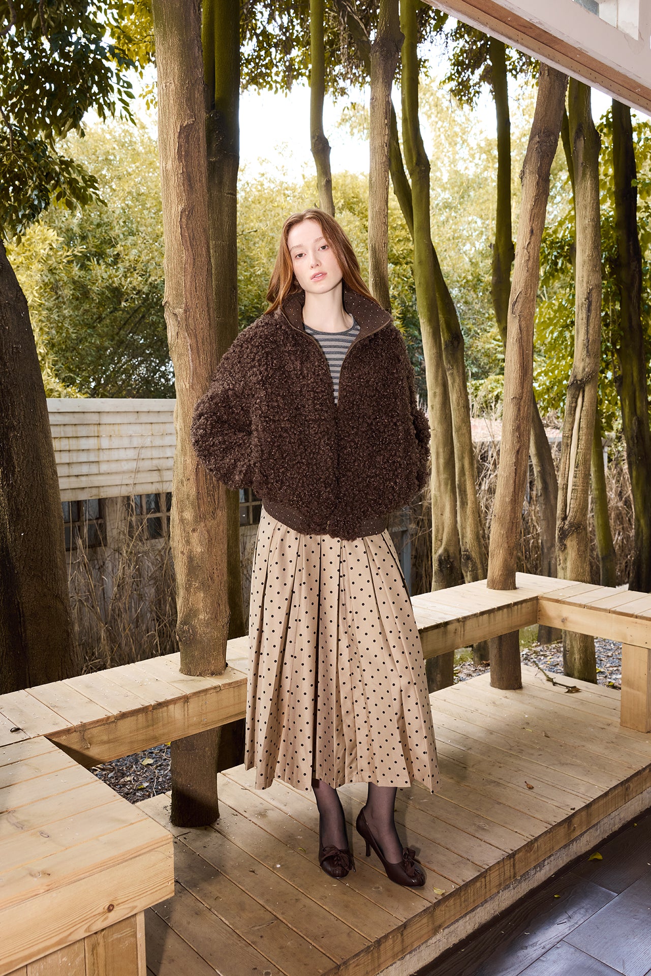 Long Polka Dot Pleated Skirt