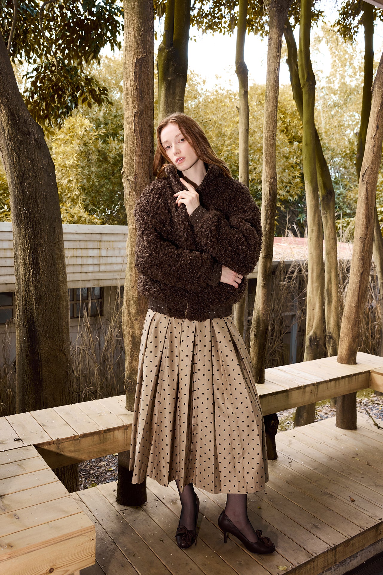 Long Polka Dot Pleated Skirt