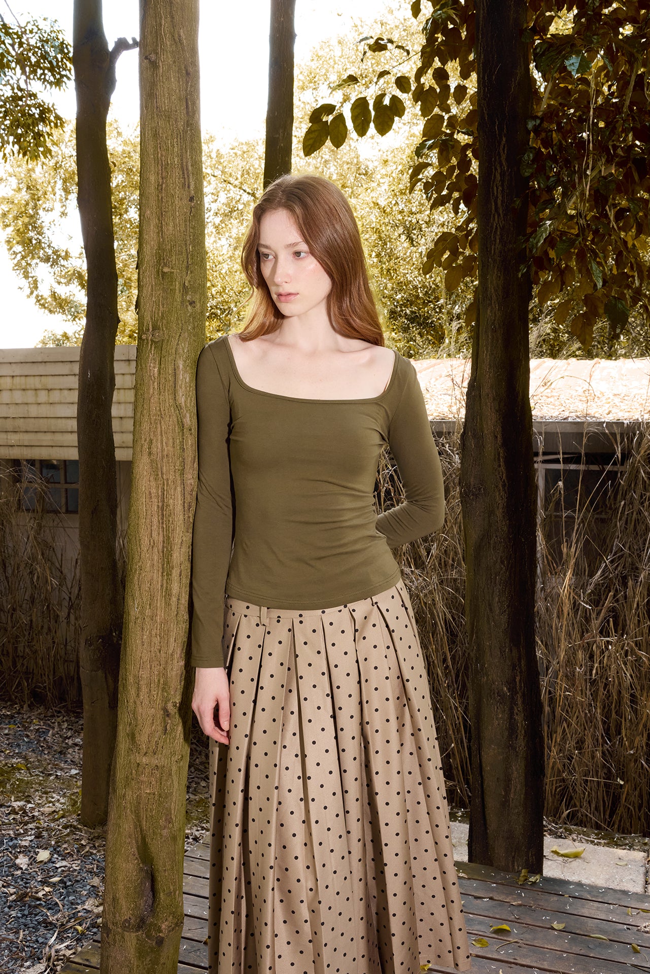 Long Polka Dot Pleated Skirt