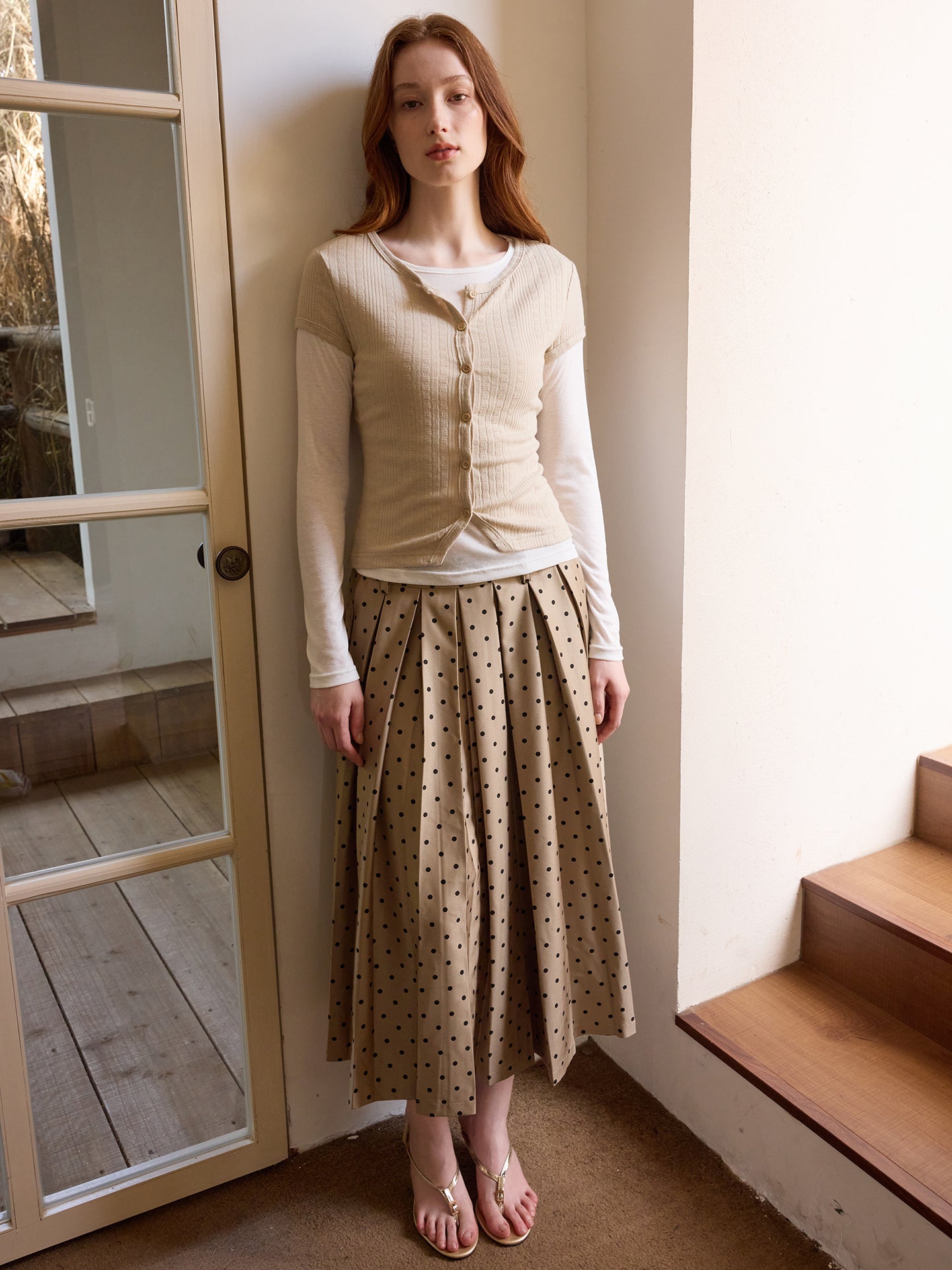 Long Polka Dot Pleated Skirt