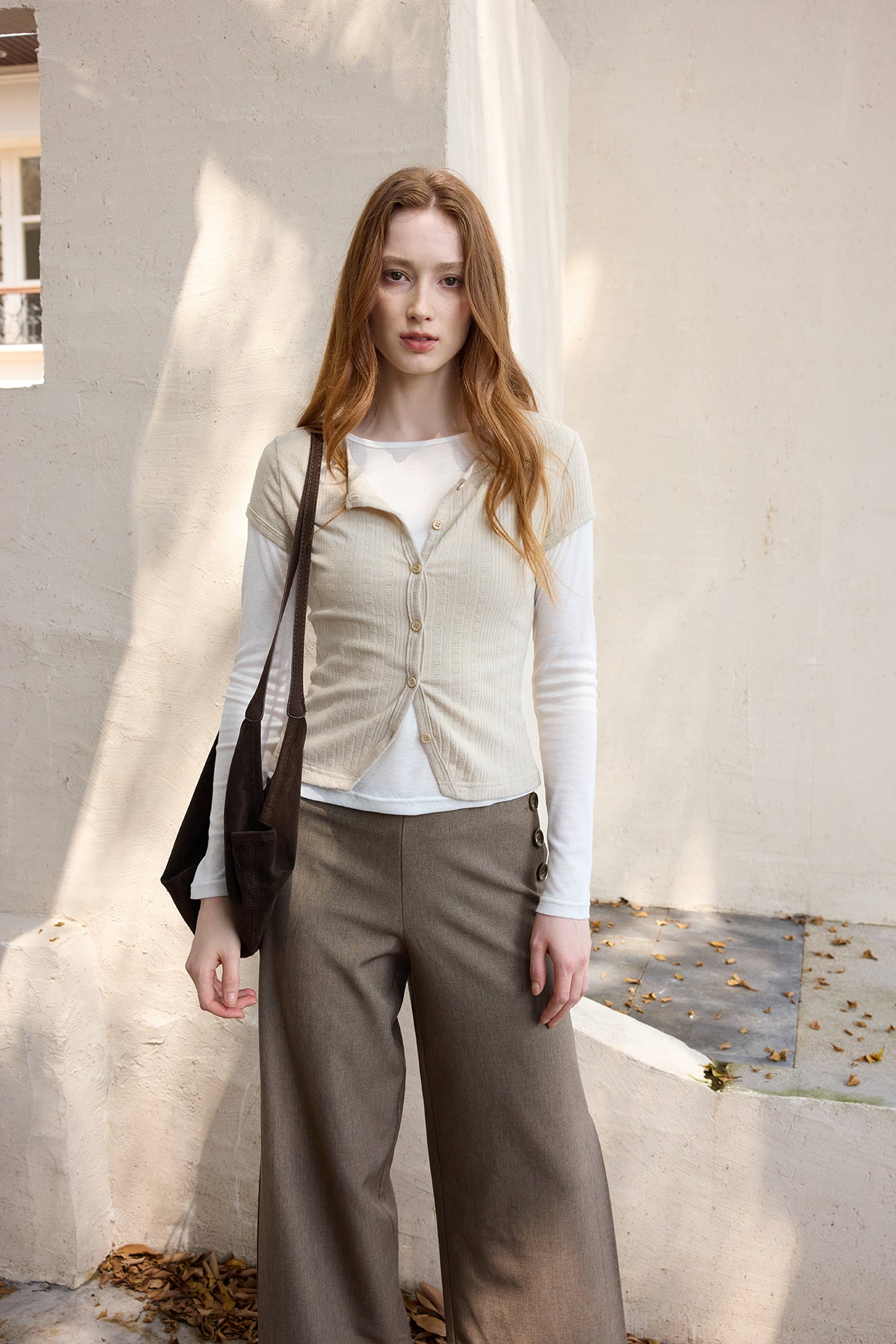 Chestnut Button-Waist Inverted-Pleat Pants