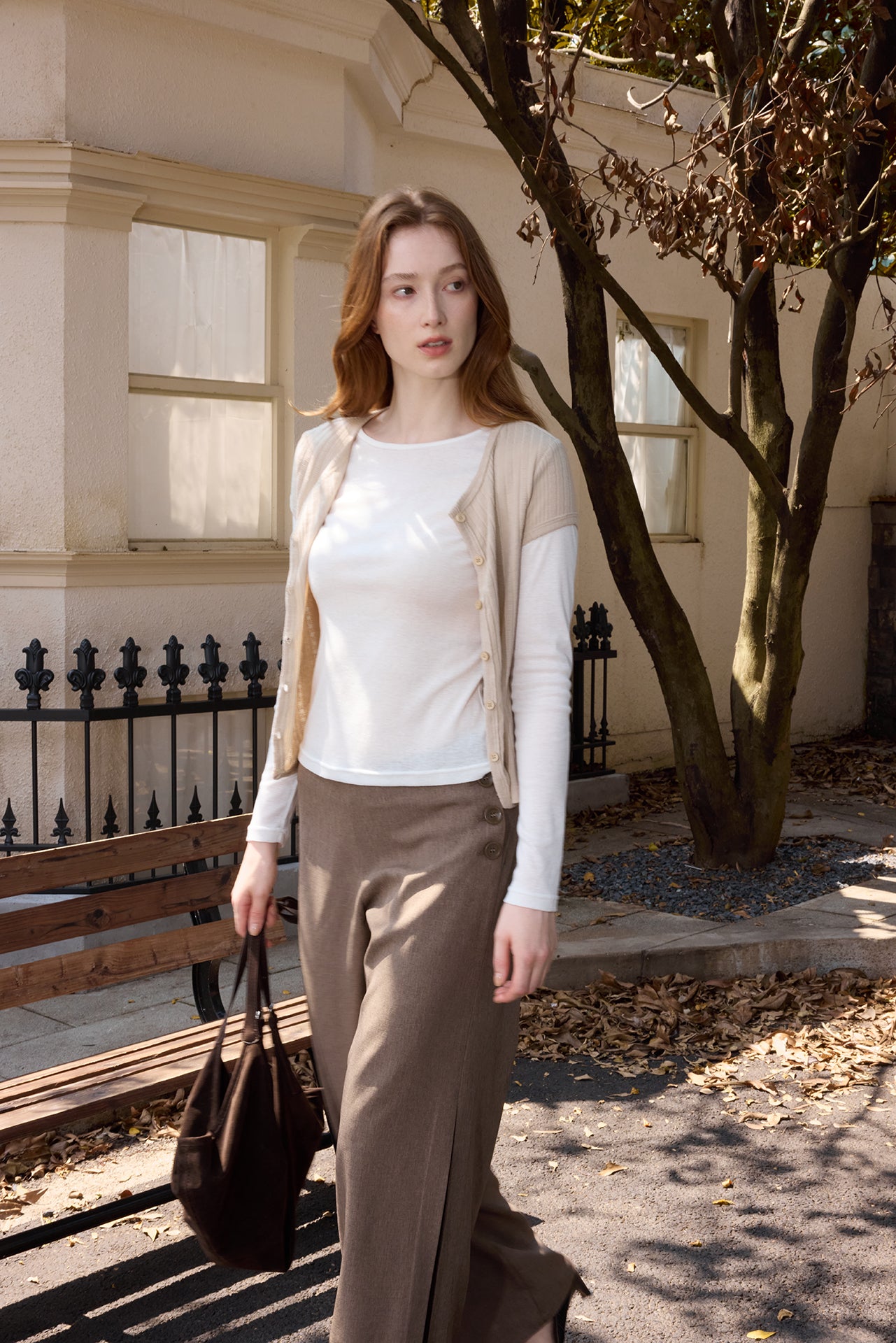 White Sheer Cami & Khaki Cardigan Set