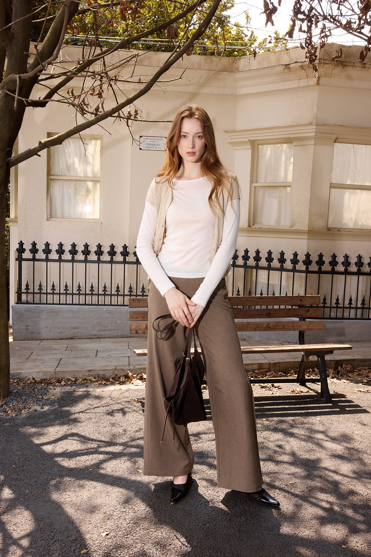 Chestnut Button-Waist Inverted-Pleat Pants