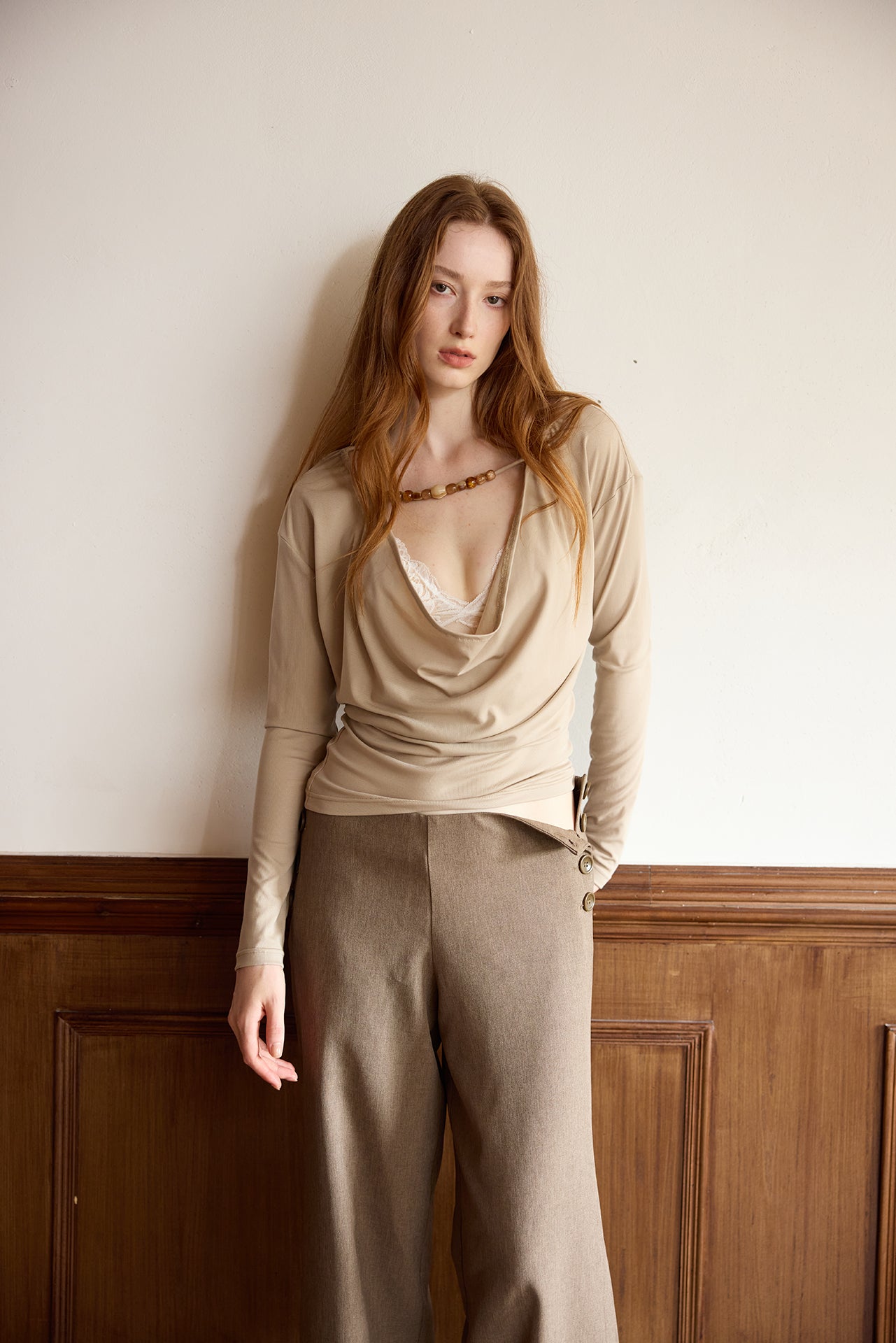 Chestnut Button-Waist Inverted-Pleat Pants