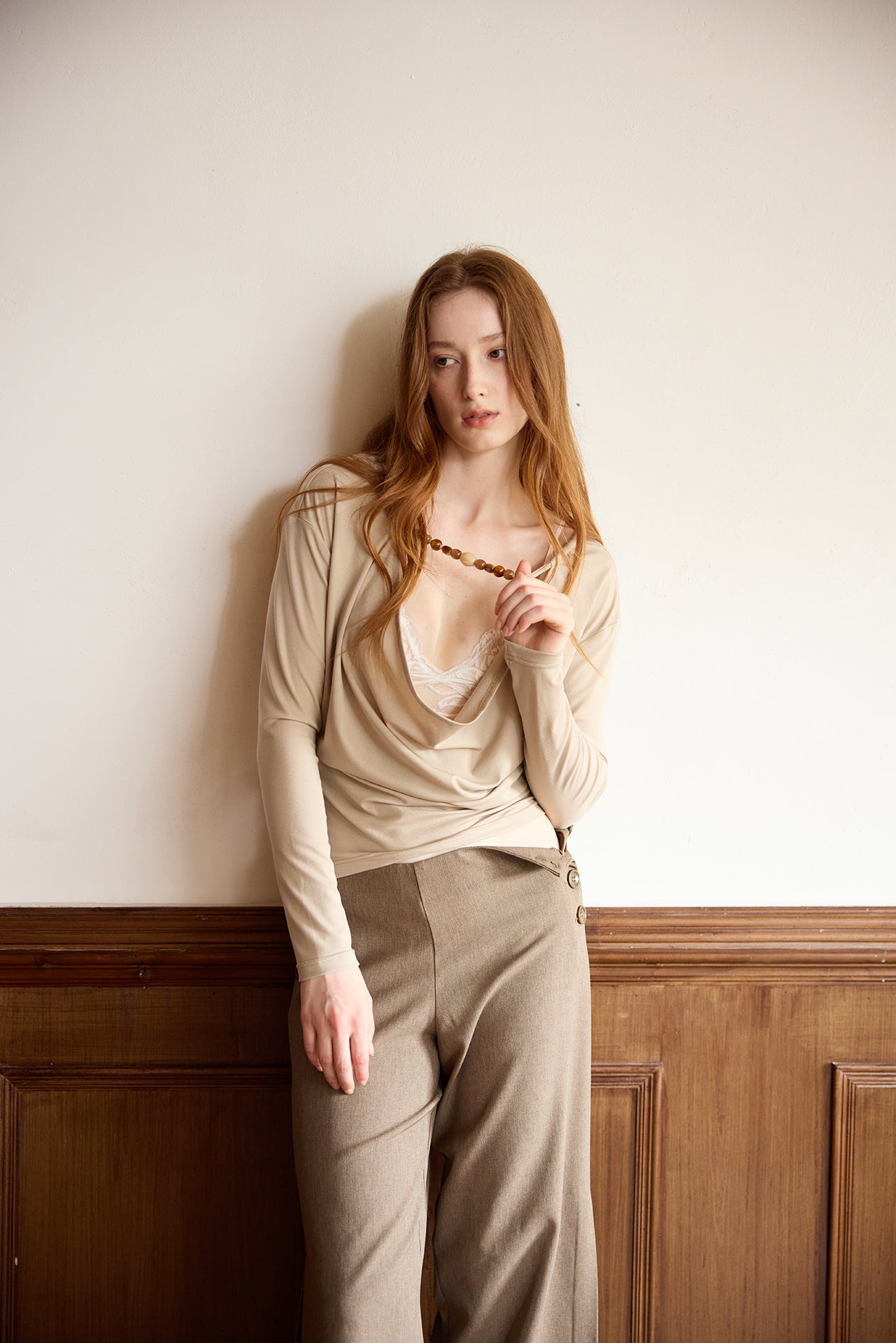 Chestnut Button-Waist Inverted-Pleat Pants