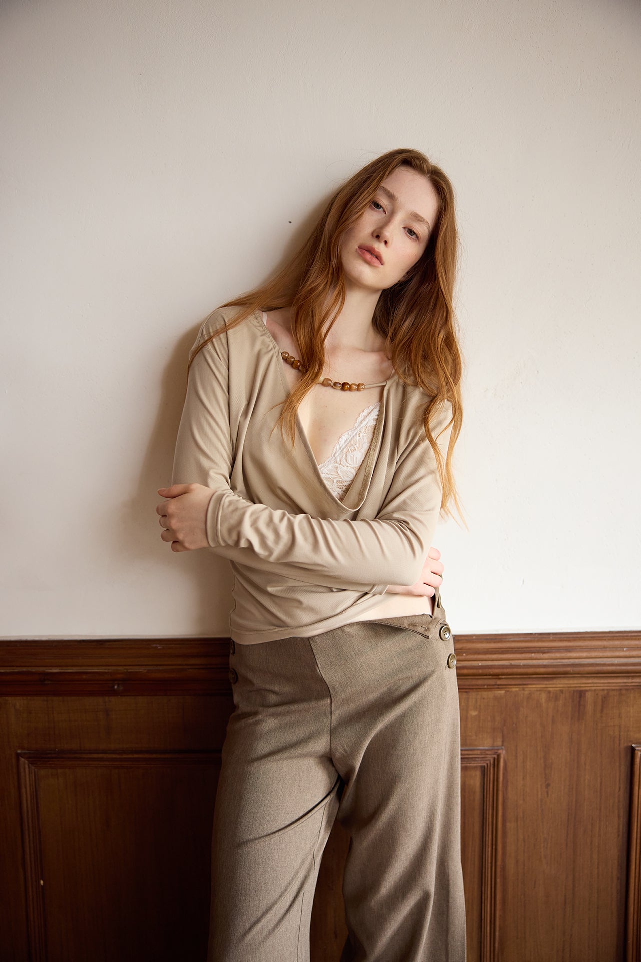 Chestnut Button-Waist Inverted-Pleat Pants